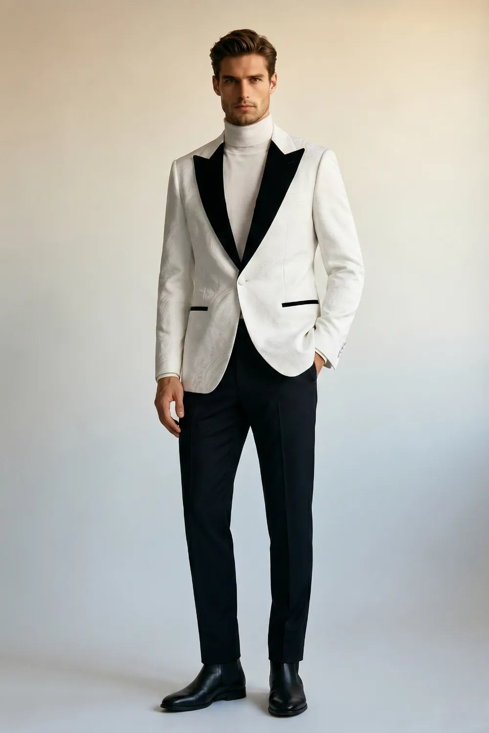 Men's White Jacquard Black Peak Lapel 2-Piece Tuxedo Suit
