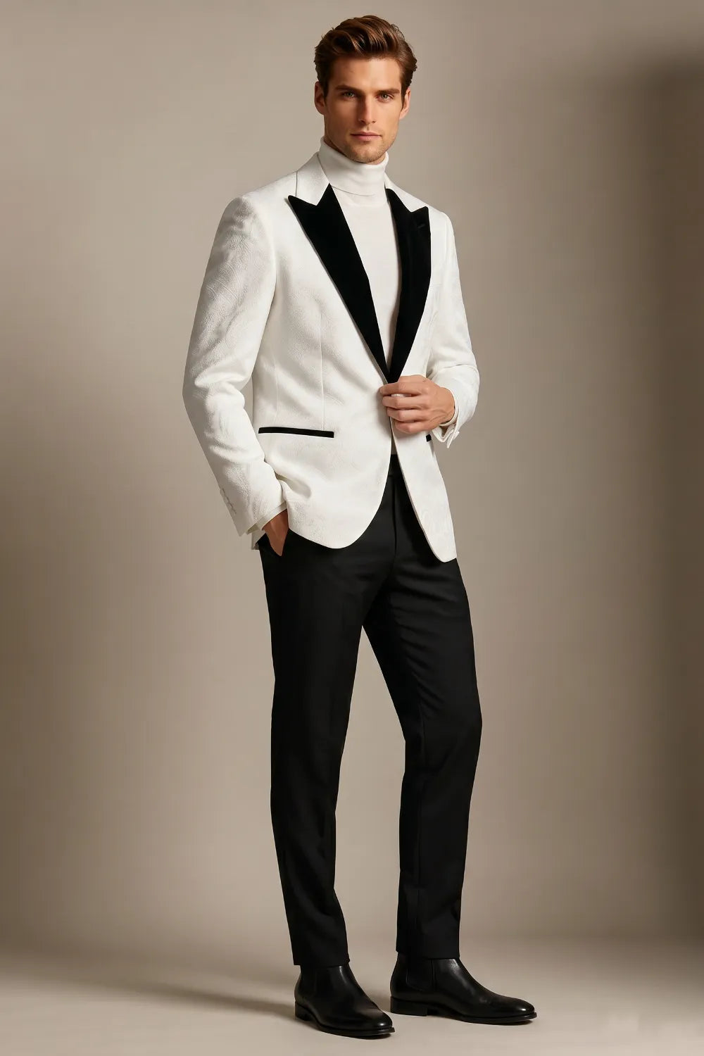Men's White Jacquard Black Peak Lapel 2-Piece Tuxedo Suit
