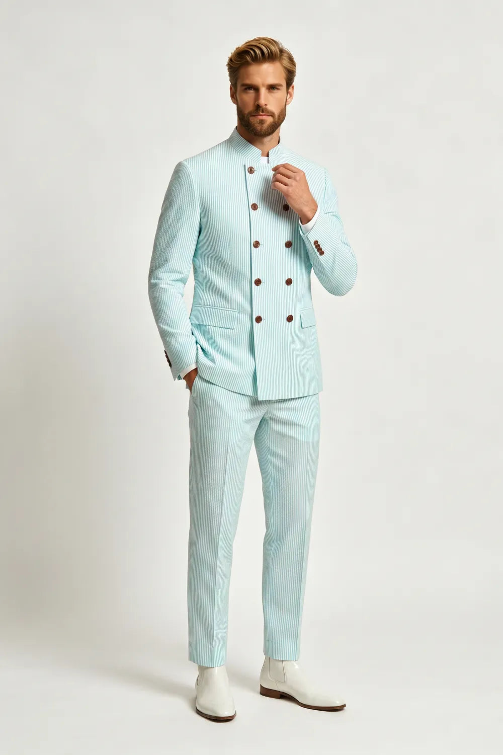 Men's Seersucker Double Breasted 2 Piece Suit