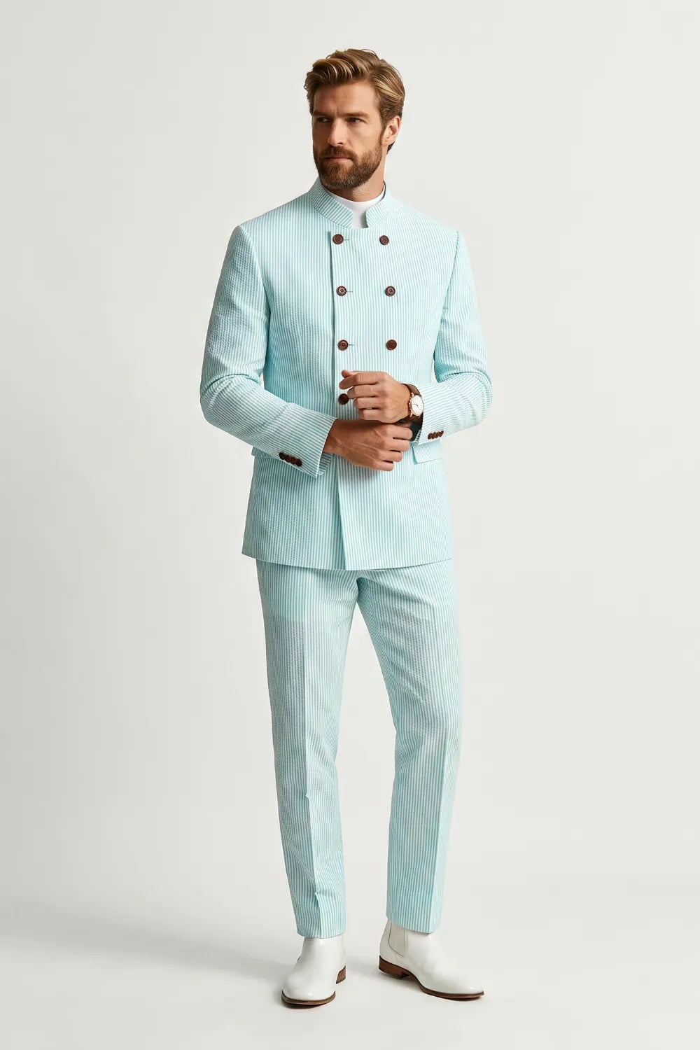 Men's Seersucker Double Breasted 2 Piece Suit