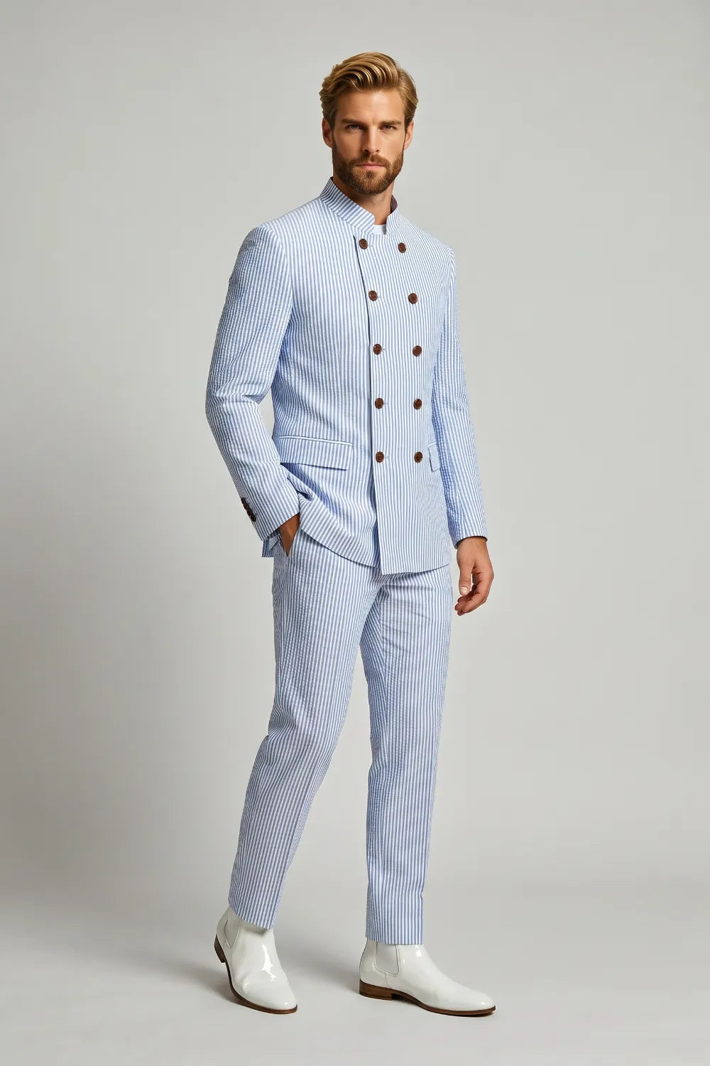 Men's Seersucker Double Breasted 2 Piece Suit