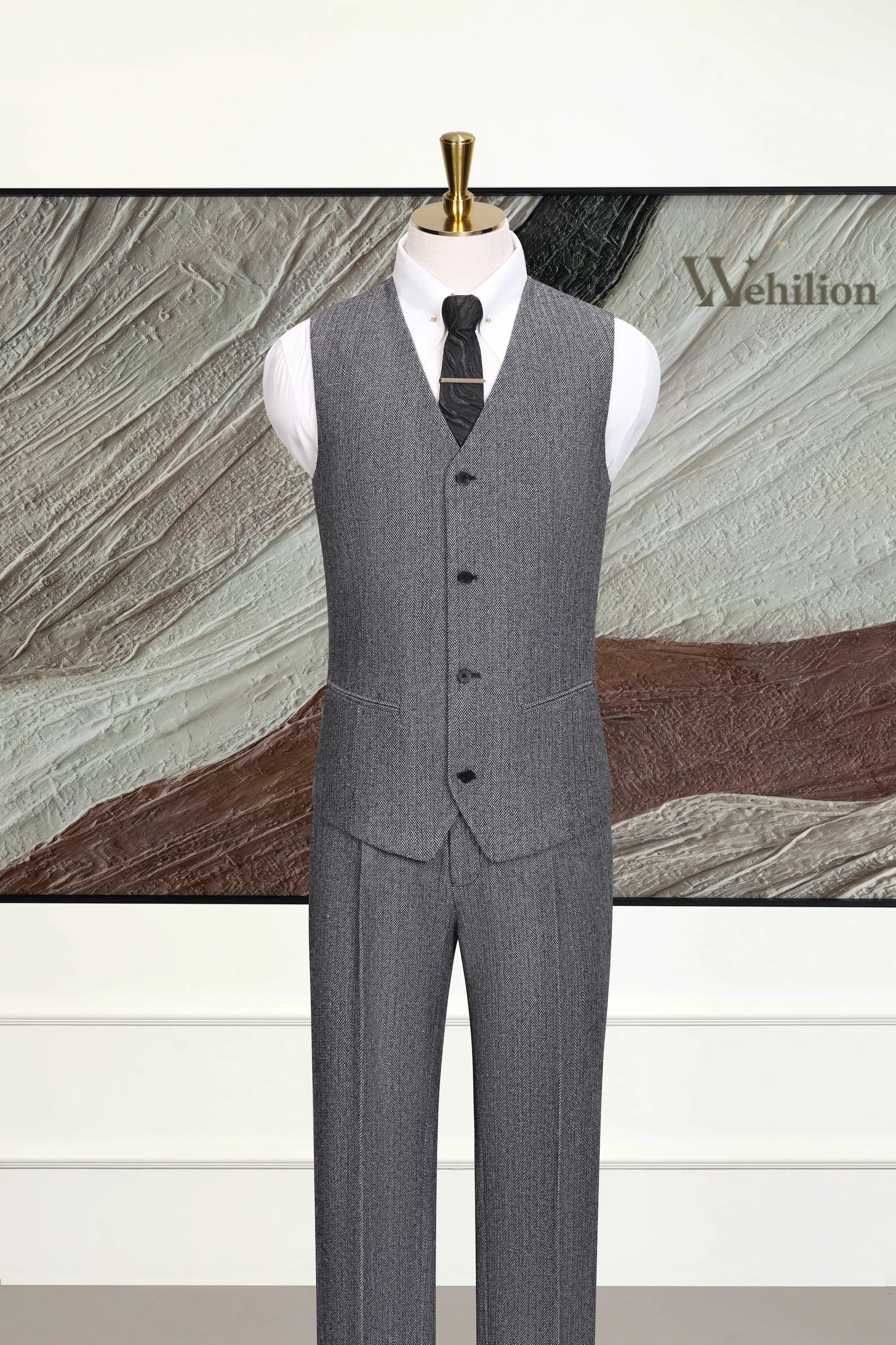 Men's Dark Grey Herringbone 3 Piece Suit