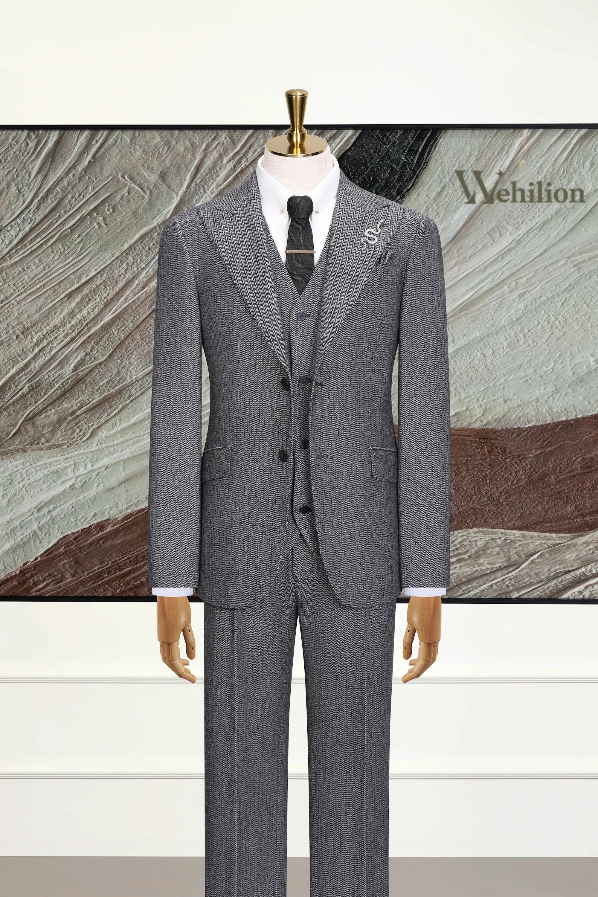 Men's Dark Grey Herringbone 3 Piece Suit