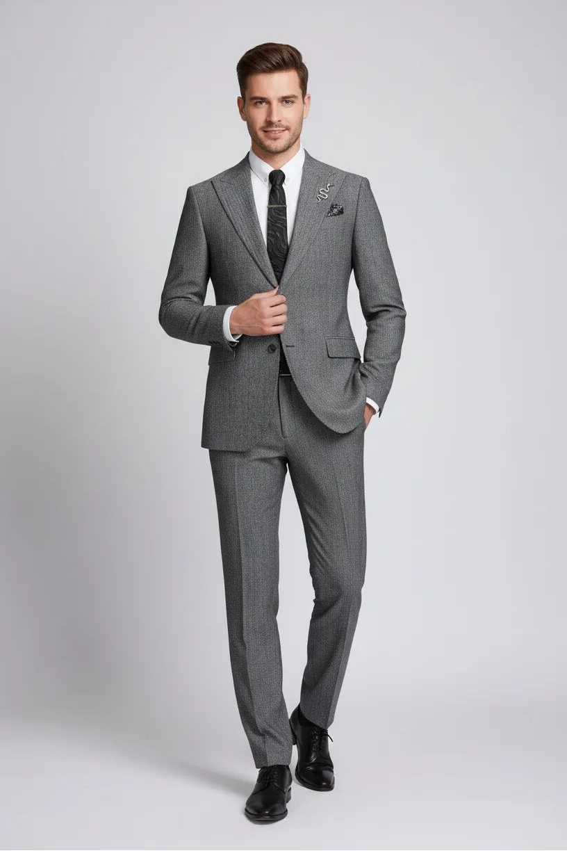 Men's Dark Grey Herringbone 2 Piece Suit