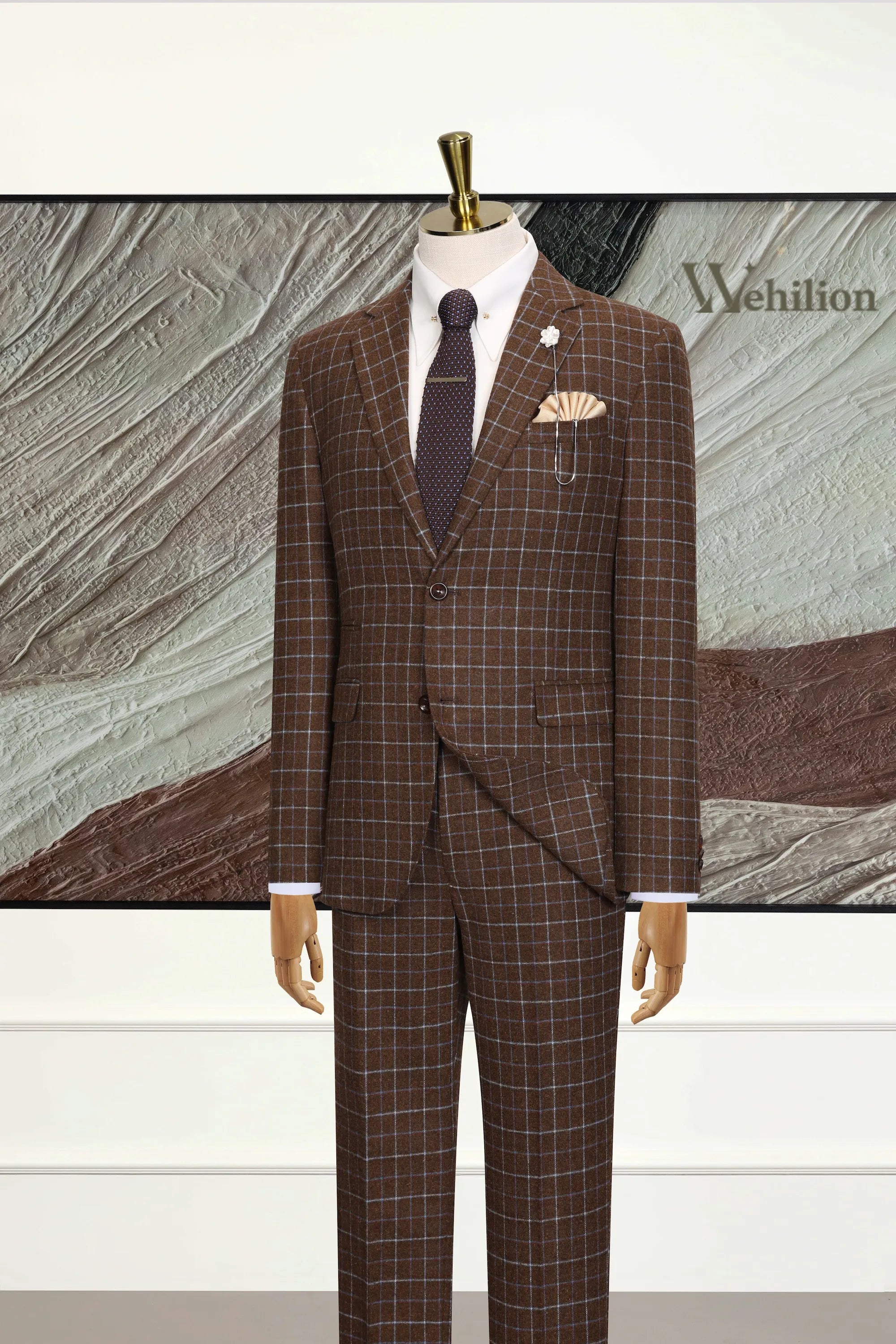 Men's Brown Plaid Herringbone 2 Piece Suit