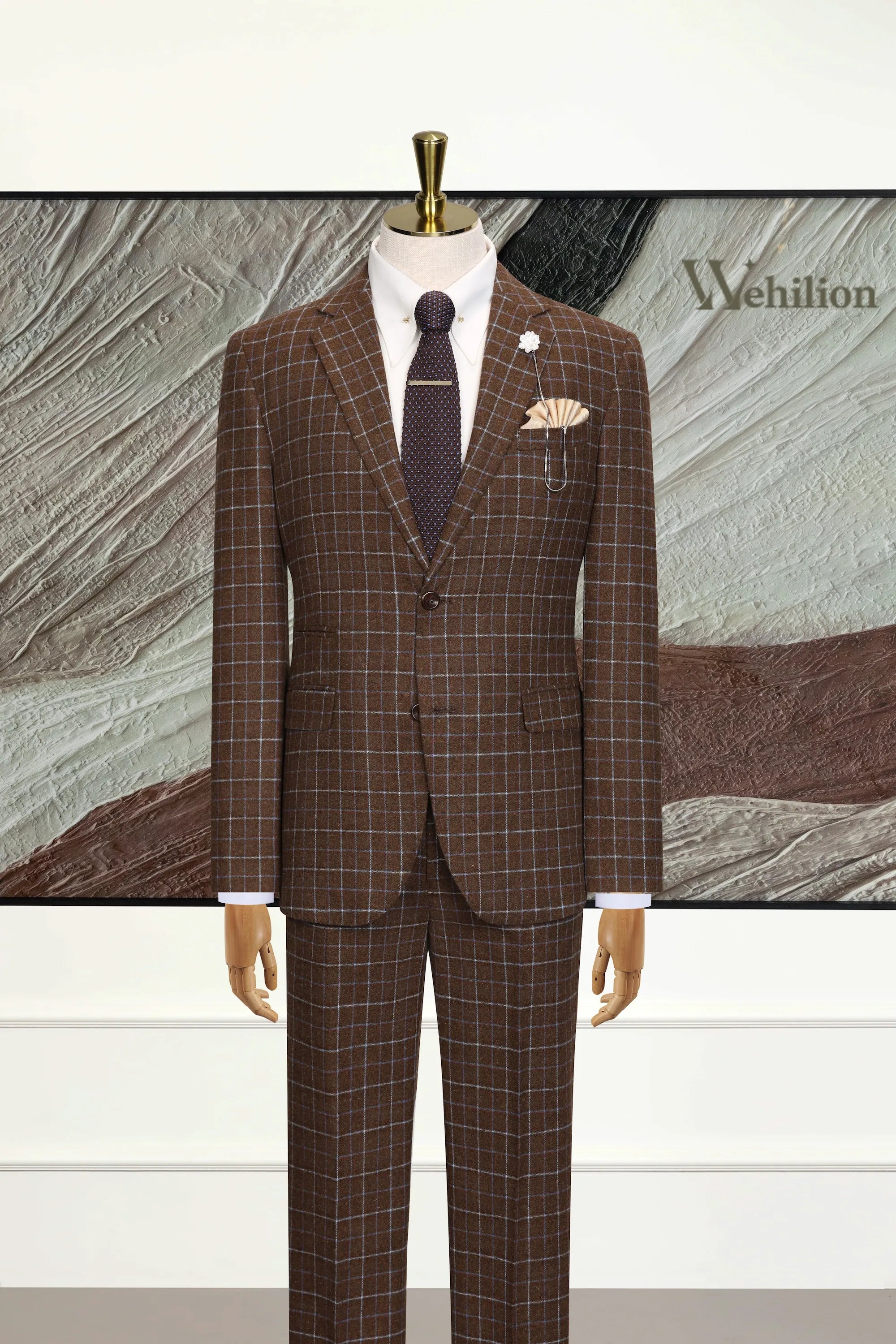 Men's Brown Plaid Herringbone 2 Piece Suit