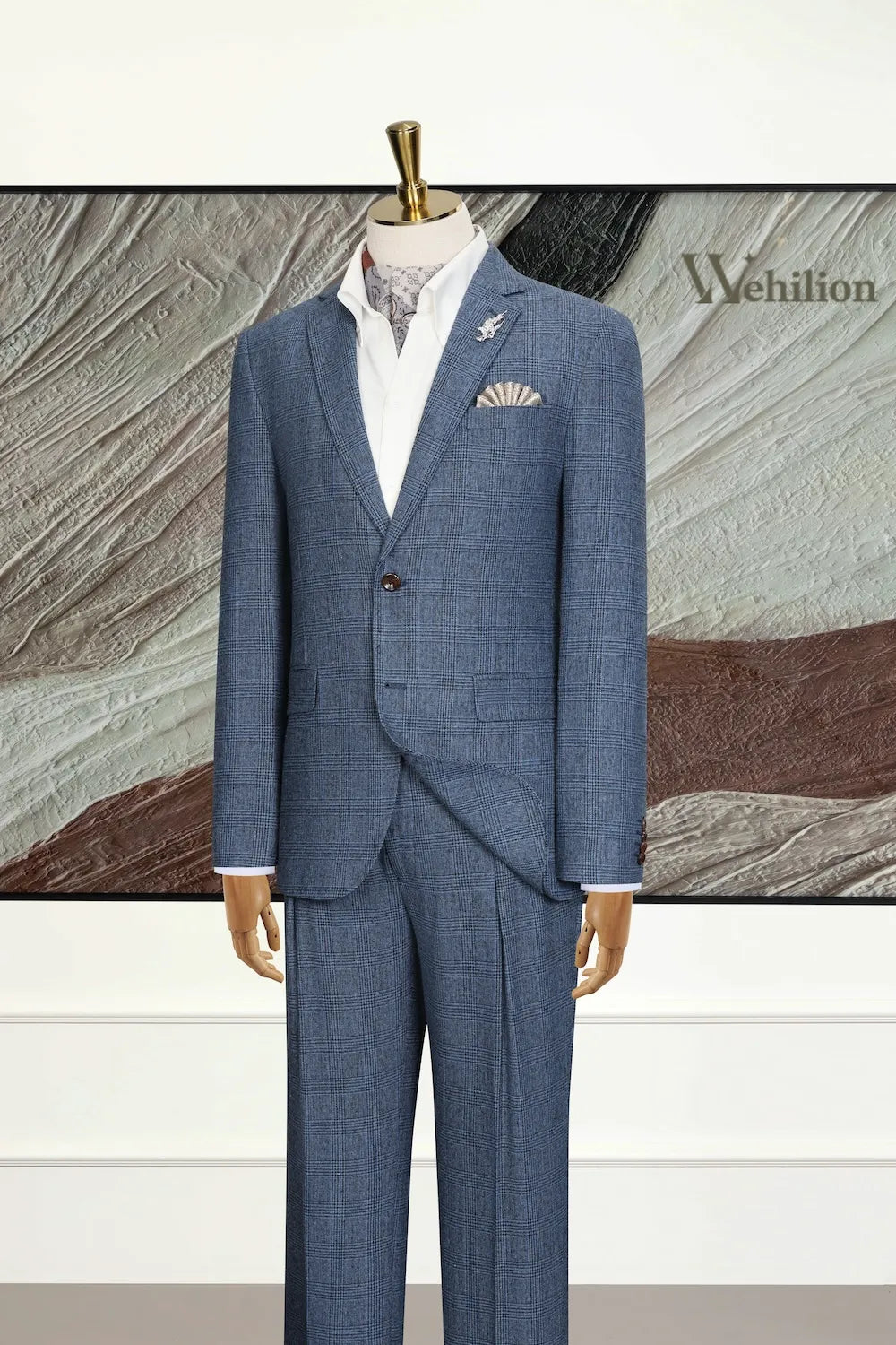 Men's Blue Plaid Herringbone 2 Piece Suit
