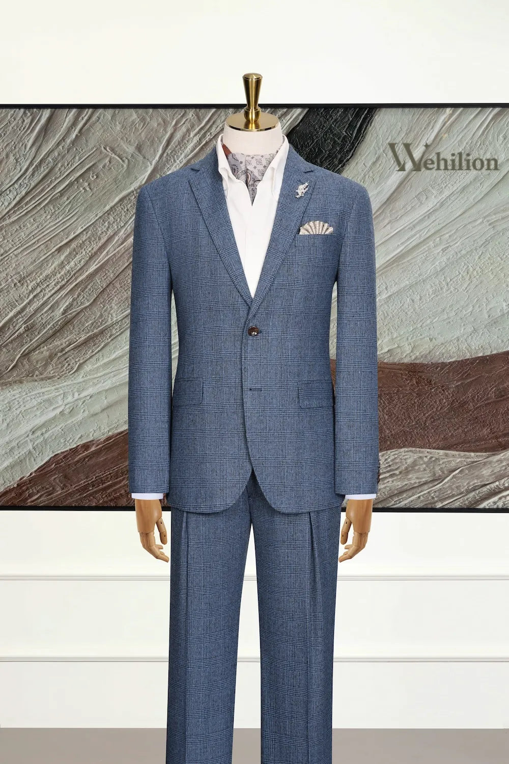 Men's Blue Plaid Herringbone 2 Piece Suit