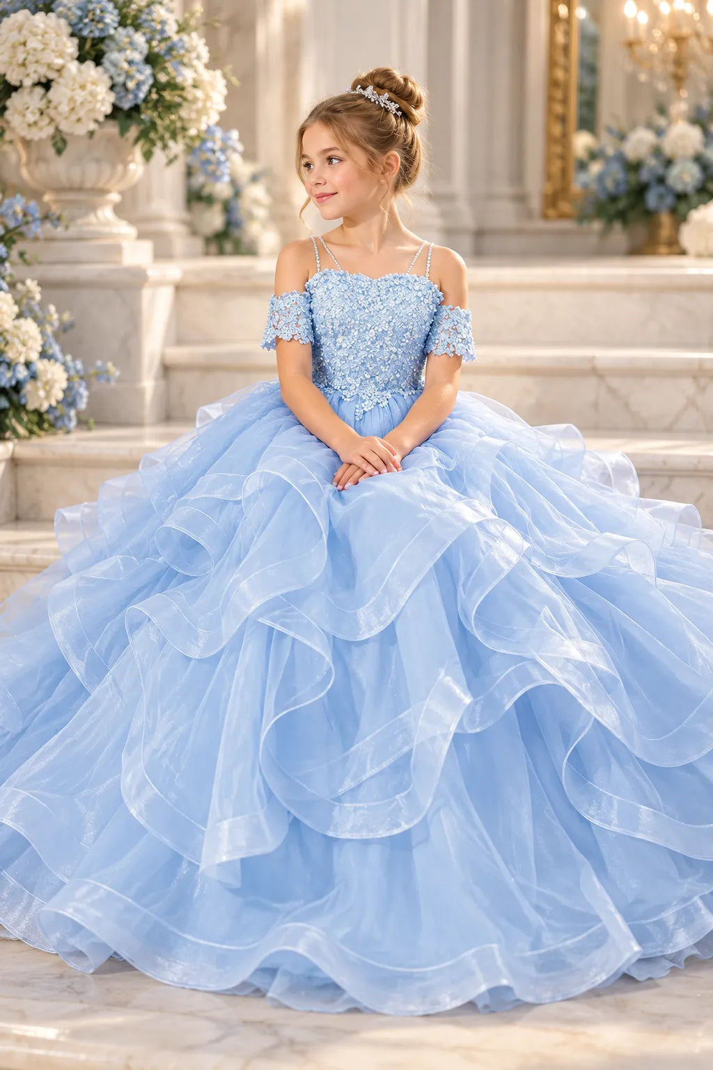 Princess Formal Dress for Girls with Floral Lace Bodice