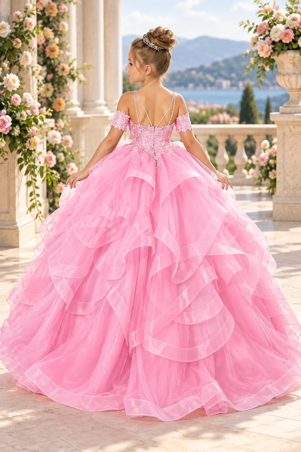 Princess Formal Dress for Girls with Floral Lace Bodice