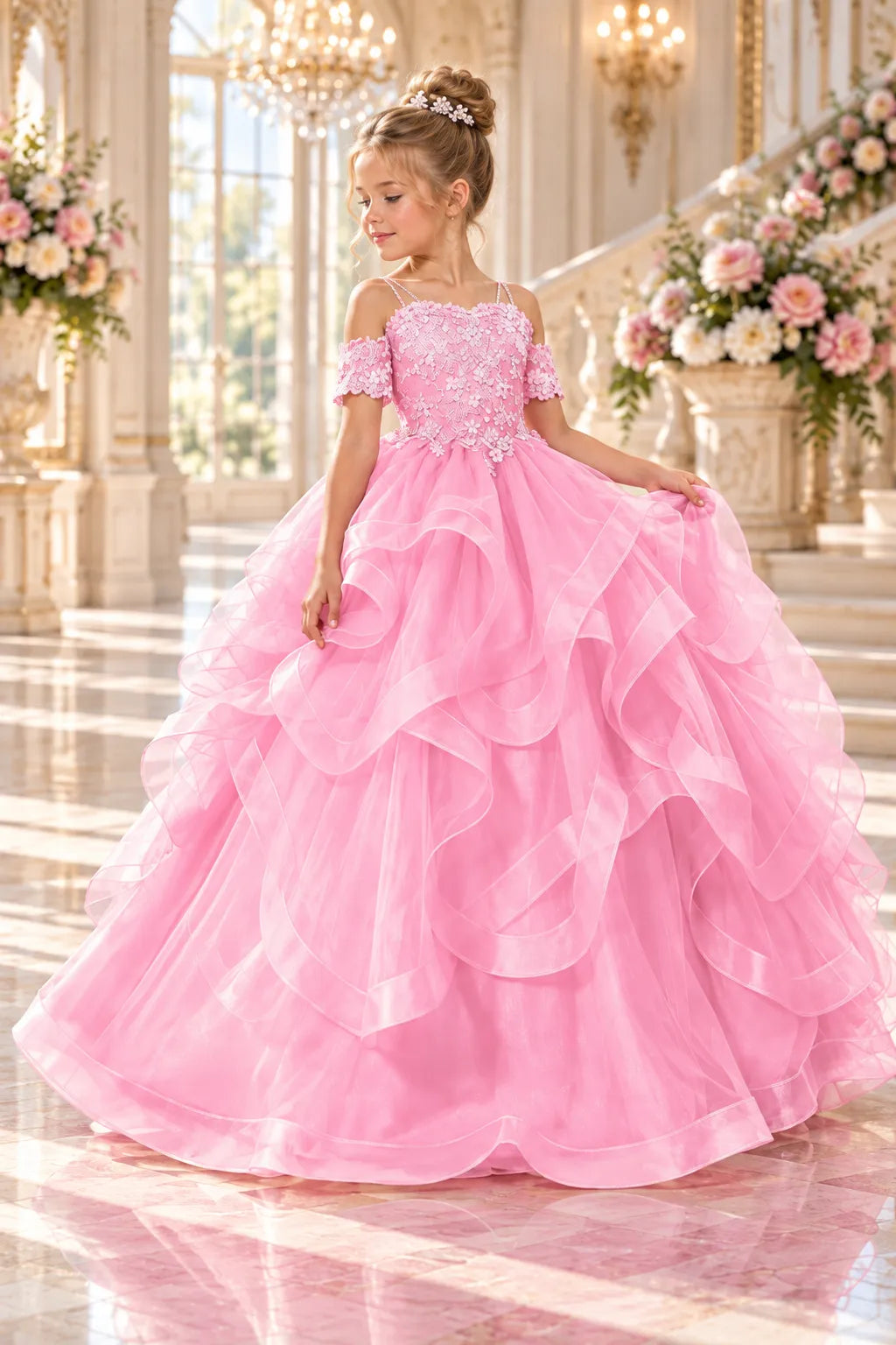 Princess Formal Dress for Girls with Floral Lace Bodice