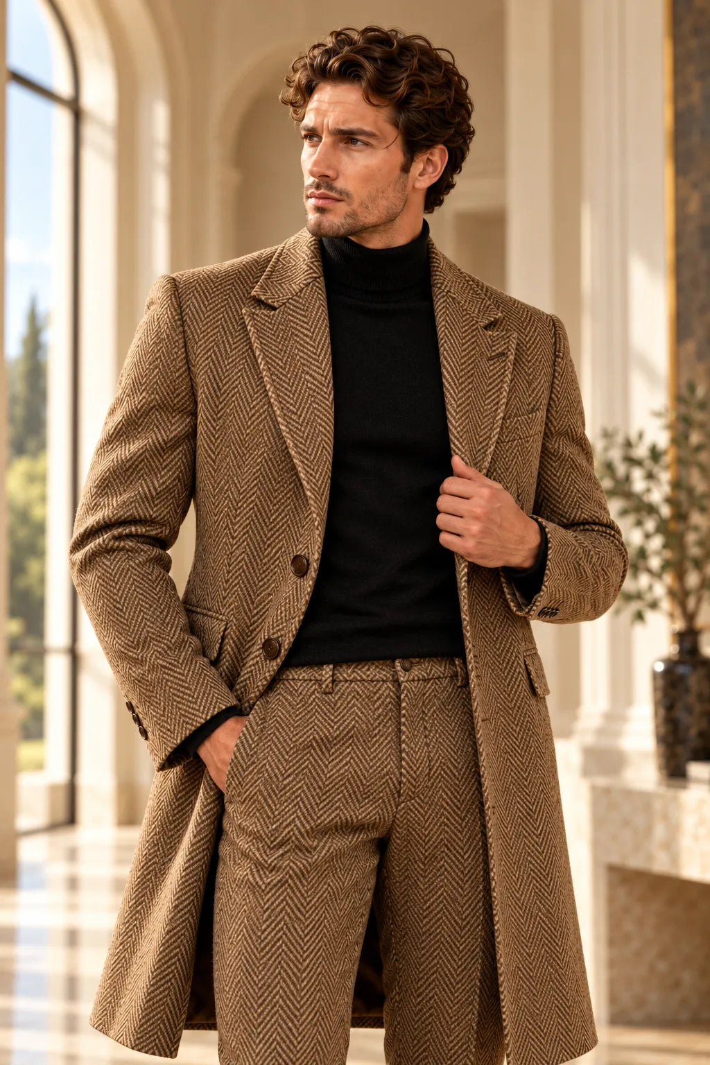 Men's Herringbone Tailored Long Jacket 2 Piece Suit