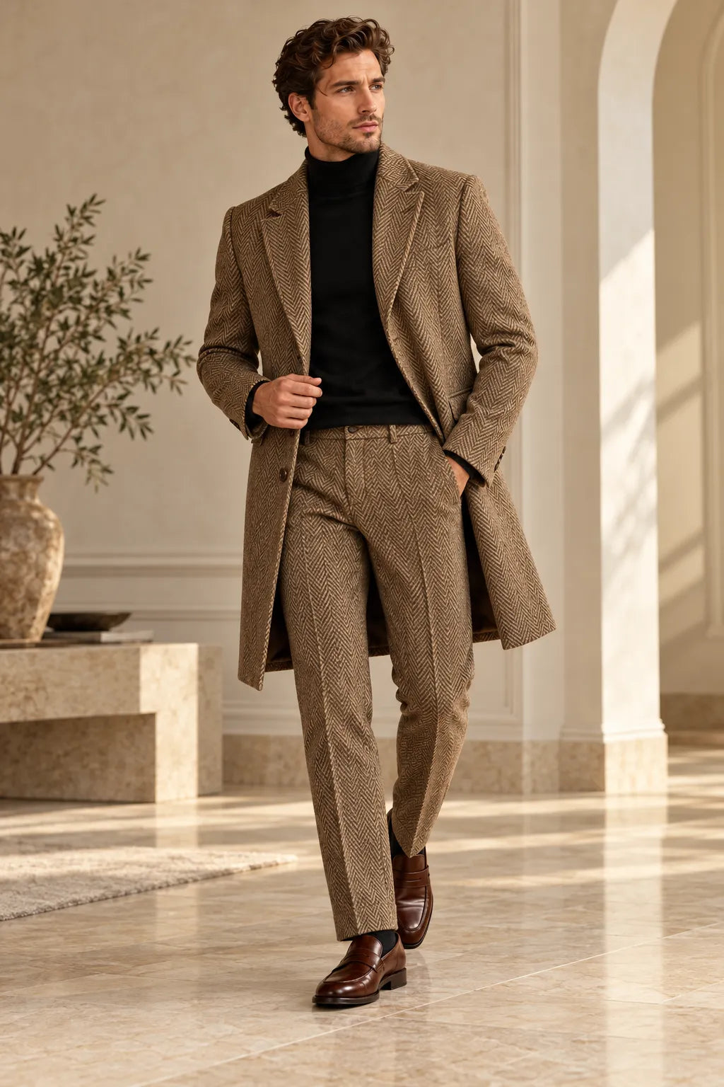 Men's Herringbone Tailored Long Jacket 2 Piece Suit