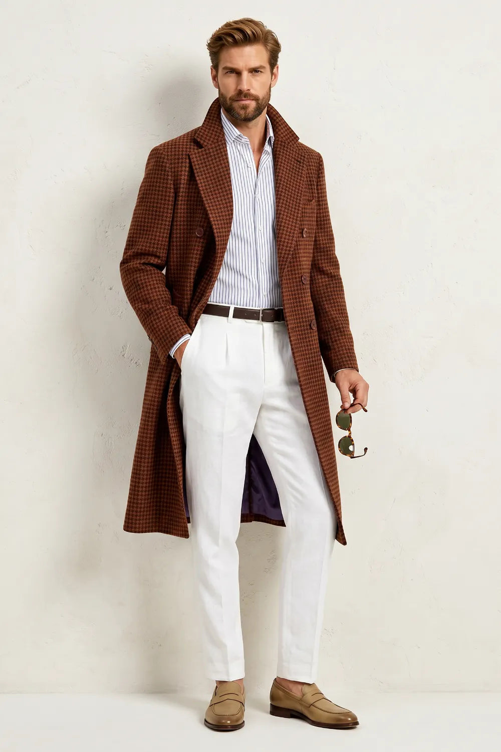 Men's Brown Houndstooth Longline Overcoat