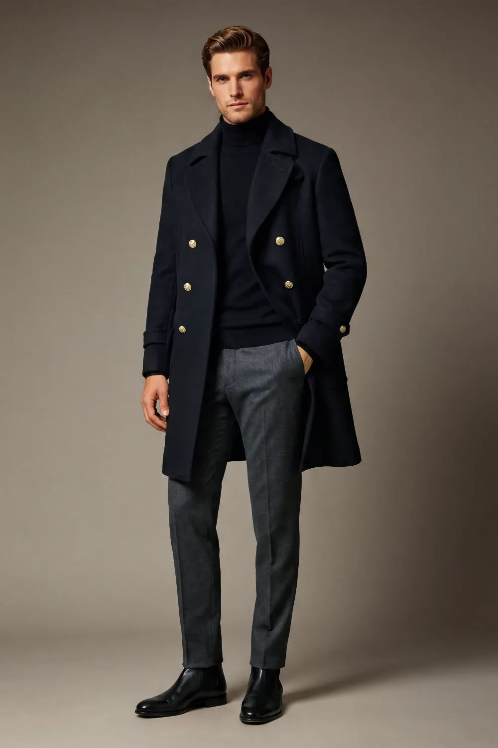 Men's Dark Navy Double Breasted Long Overcoat
