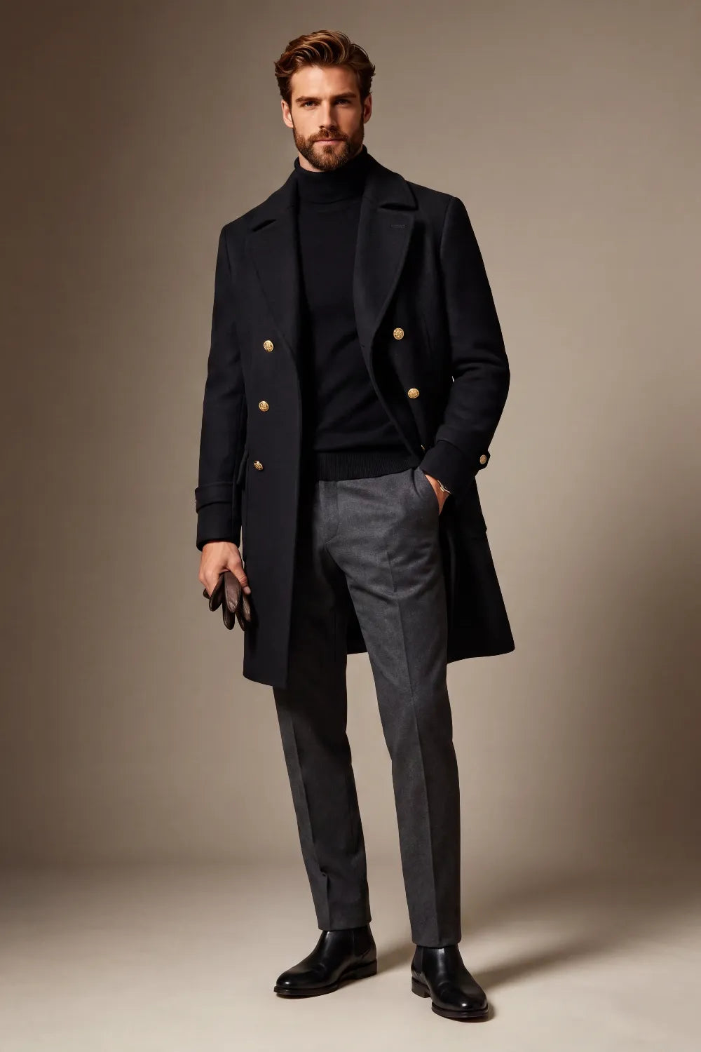 Men's Dark Navy Double Breasted Long Overcoat