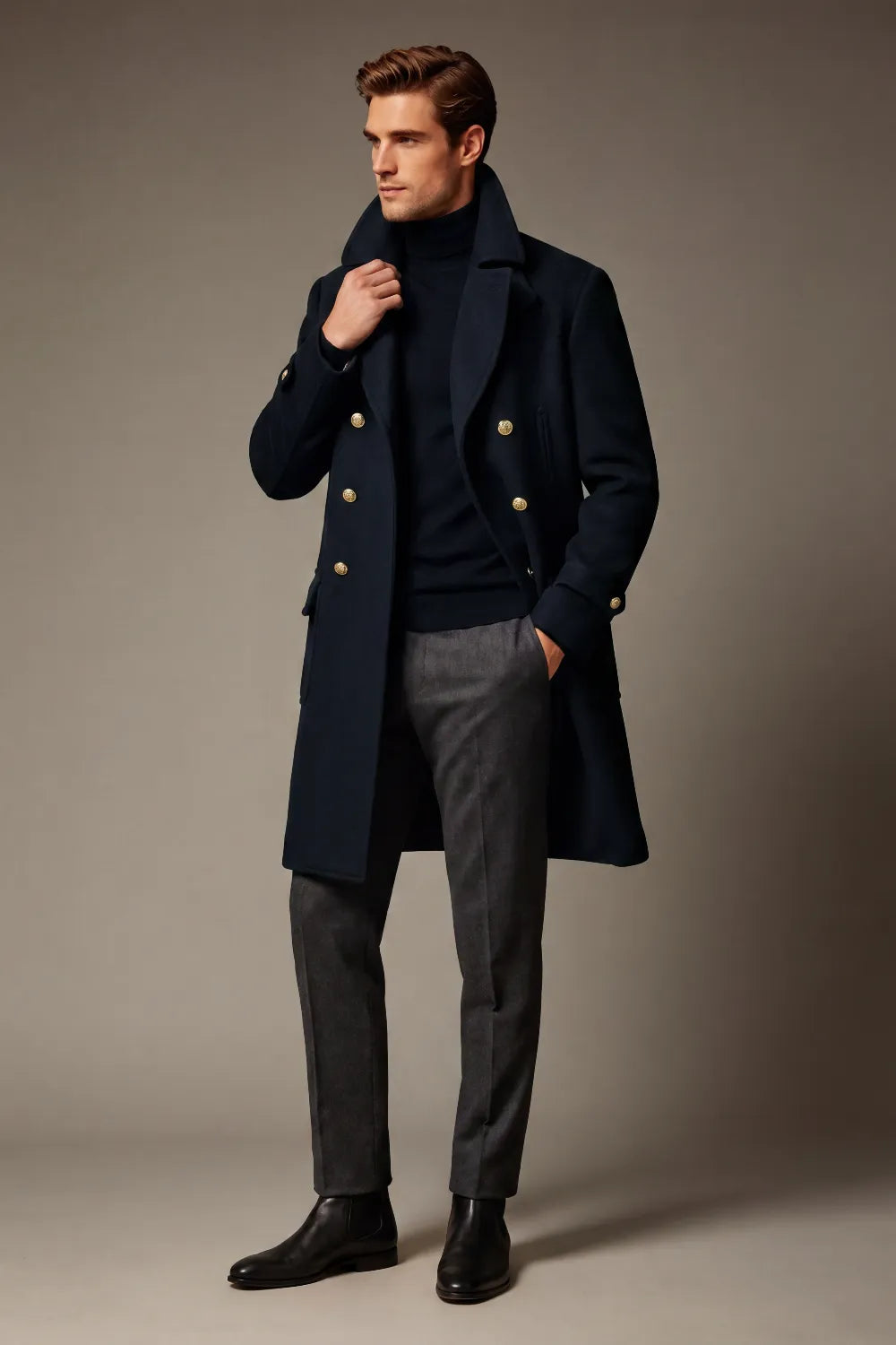 Men's Dark Navy Double Breasted Long Overcoat