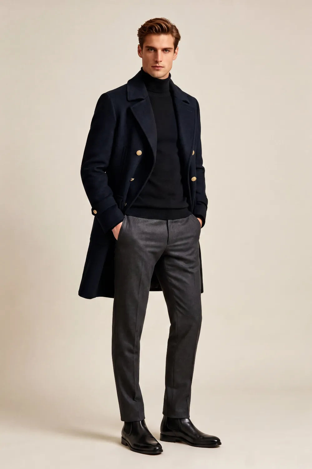 Men's Dark Navy Double Breasted Long Overcoat