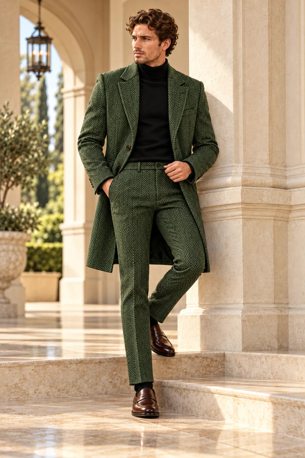 Men's Herringbone Tailored Long Jacket 2 Piece Suit