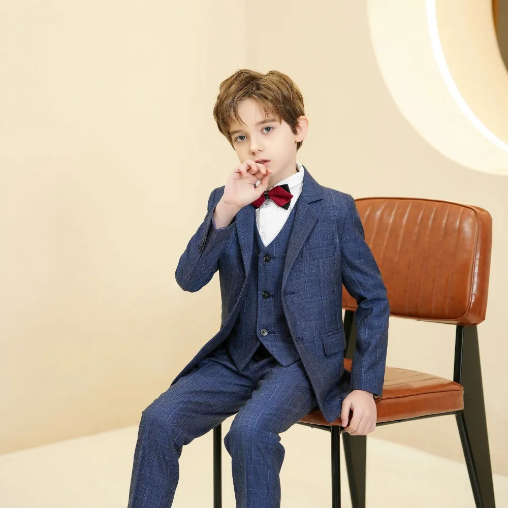 Boys elegant blue plaid suit: 5-piece formal outfit with red bow tie
