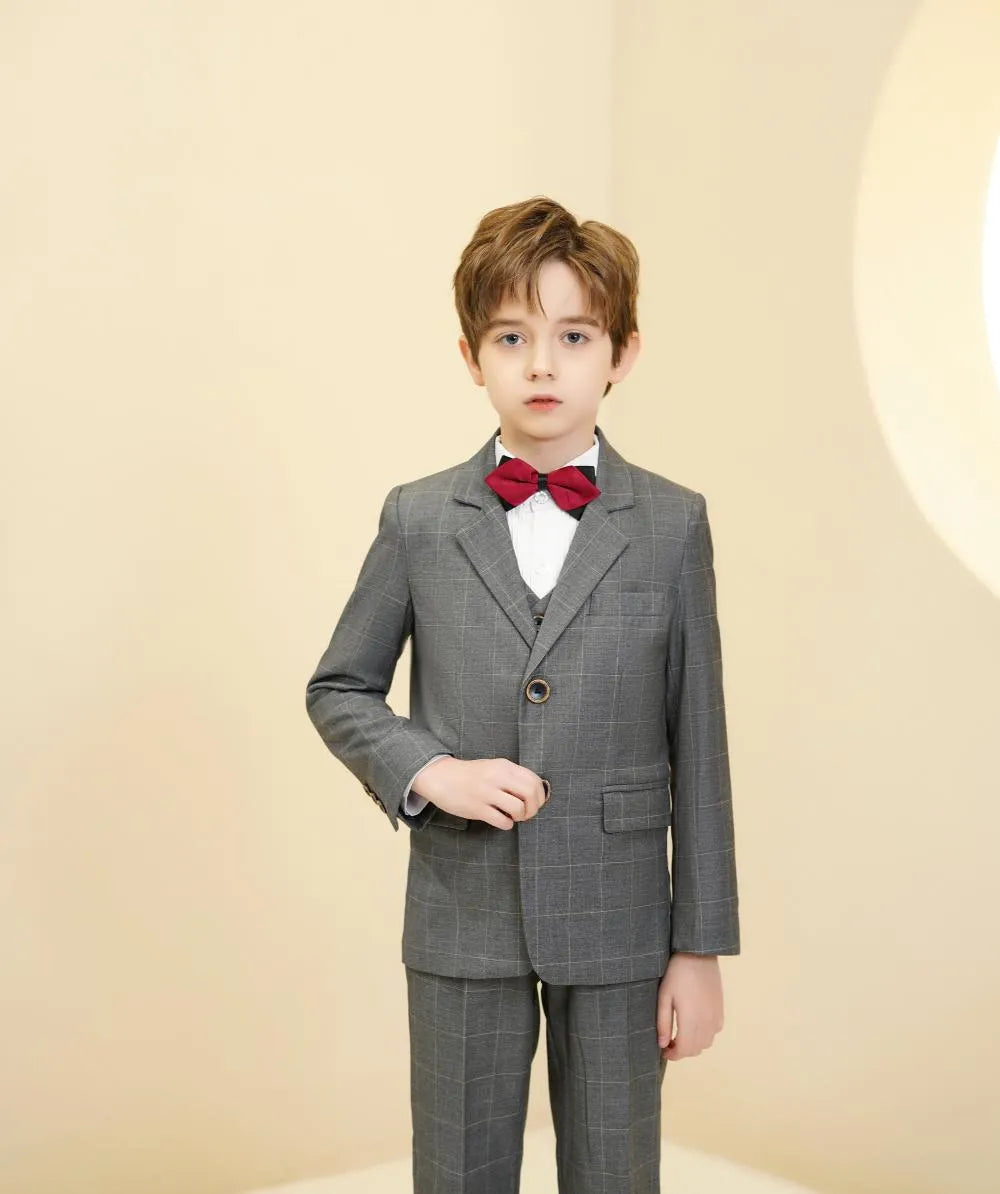 Grey plaid boys 5-piece suit: Front view with red bow tie & button detail
