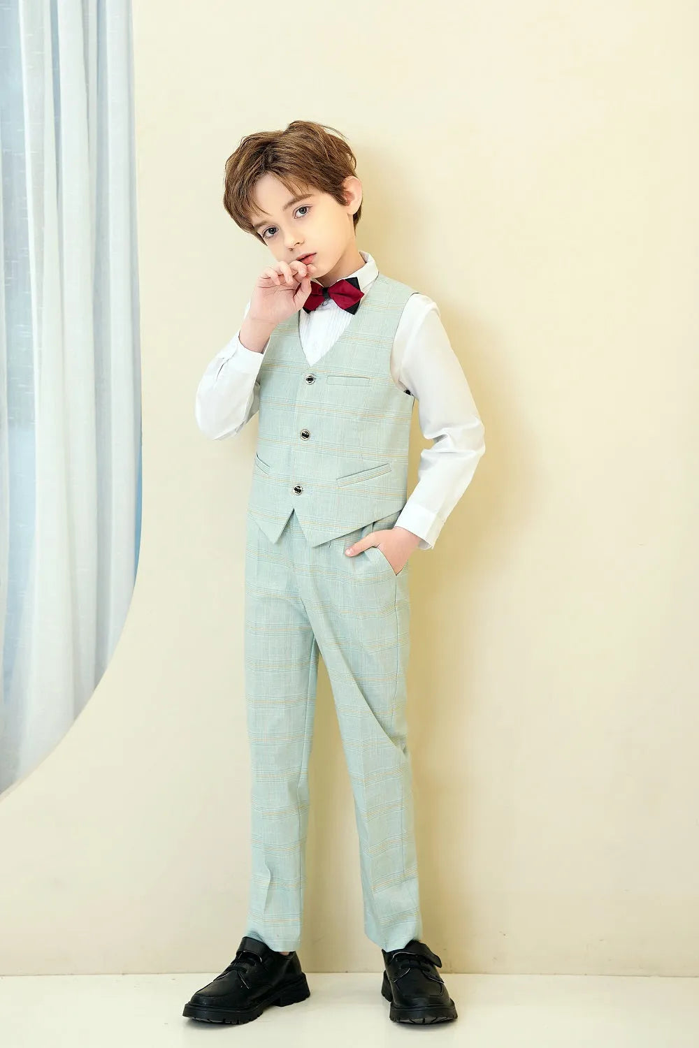 Mint green plaid boys 5-piece suit: Vest & pants with red bow tie detail