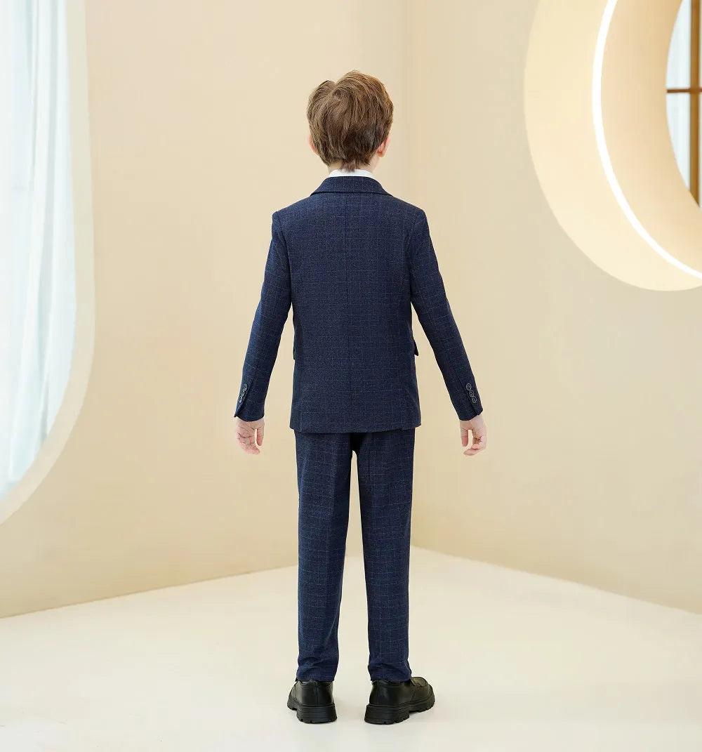 Kids plaid suit: Navy formal 5-piece back view with checked fabric