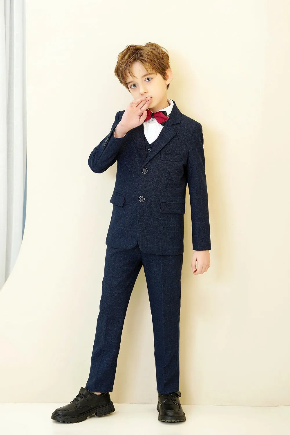 Boys checkered suit: Navy 5-piece formal outfit with red bow tie