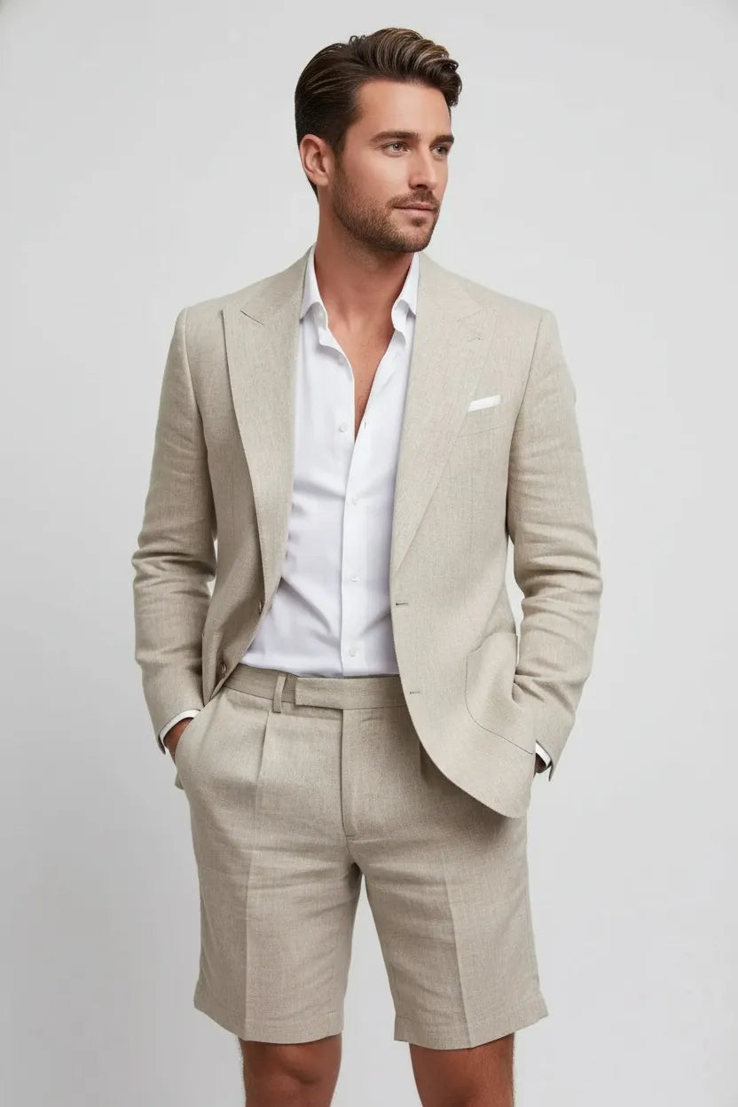 Men's Smart Casual Linen Blazer Short 2 Piece Suit