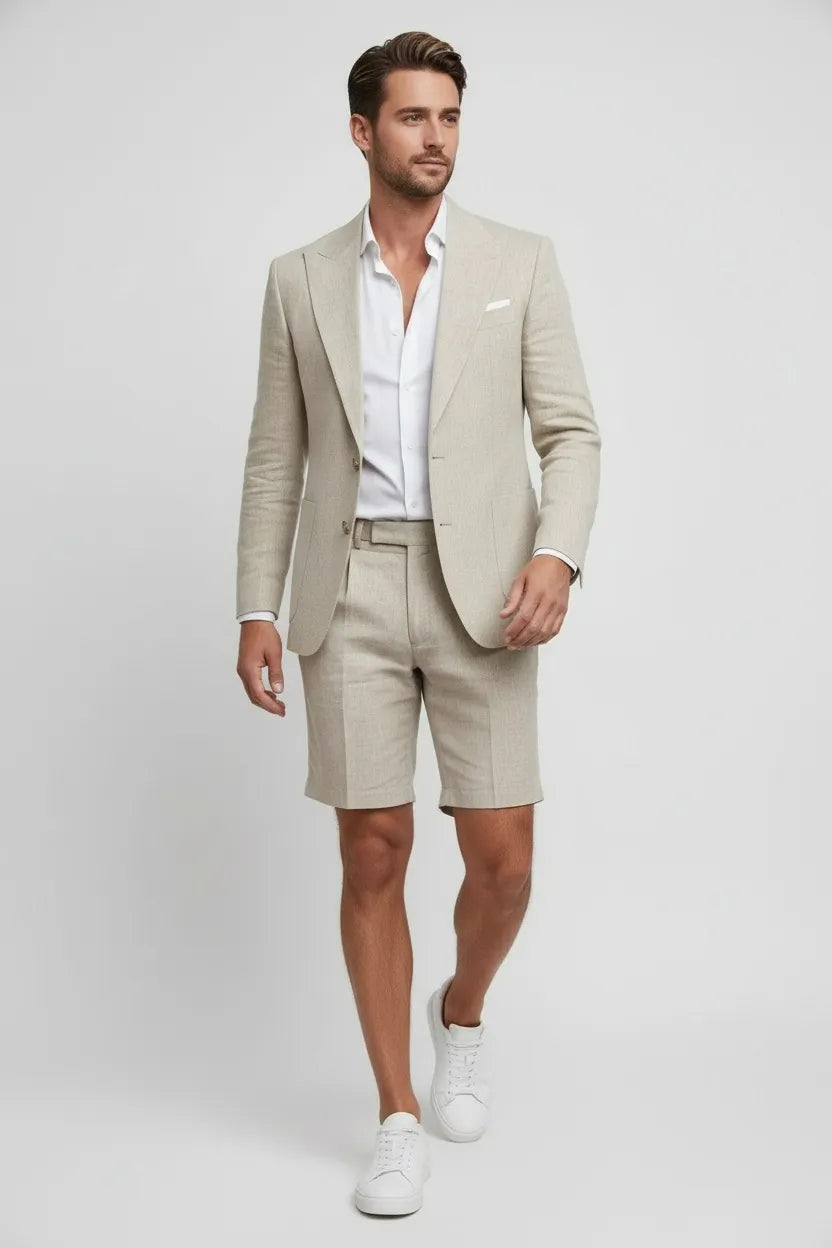 inexpensive wedding dresses near me Versatile Beige Cotton Linen Suit with Tailored Shorts