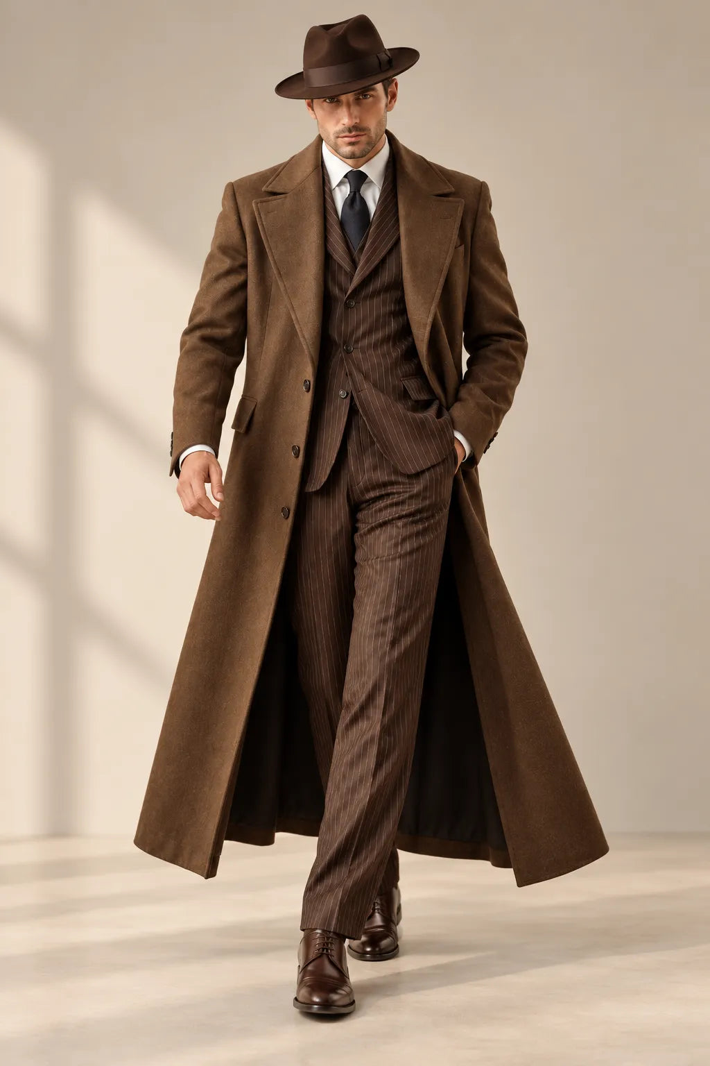 Men's Brown Pinstripe 4 Piece Suit Set with Long Overcoat