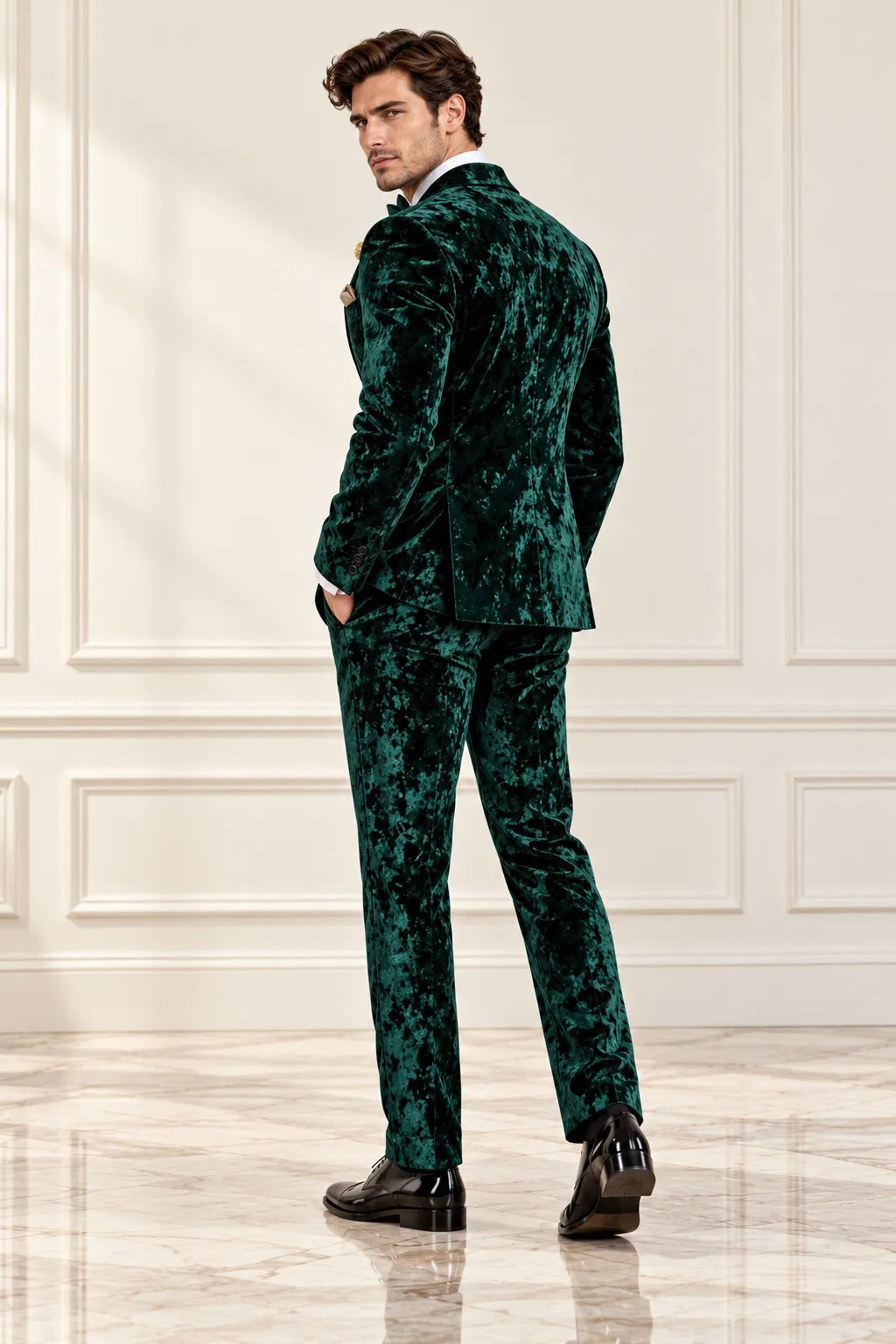 Men's Emerald Green Patterned Velvet 2 Piece Suit