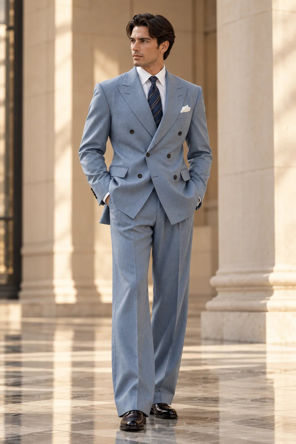 Men's Light Blue Spring Wide Leg 2 Piece Suit