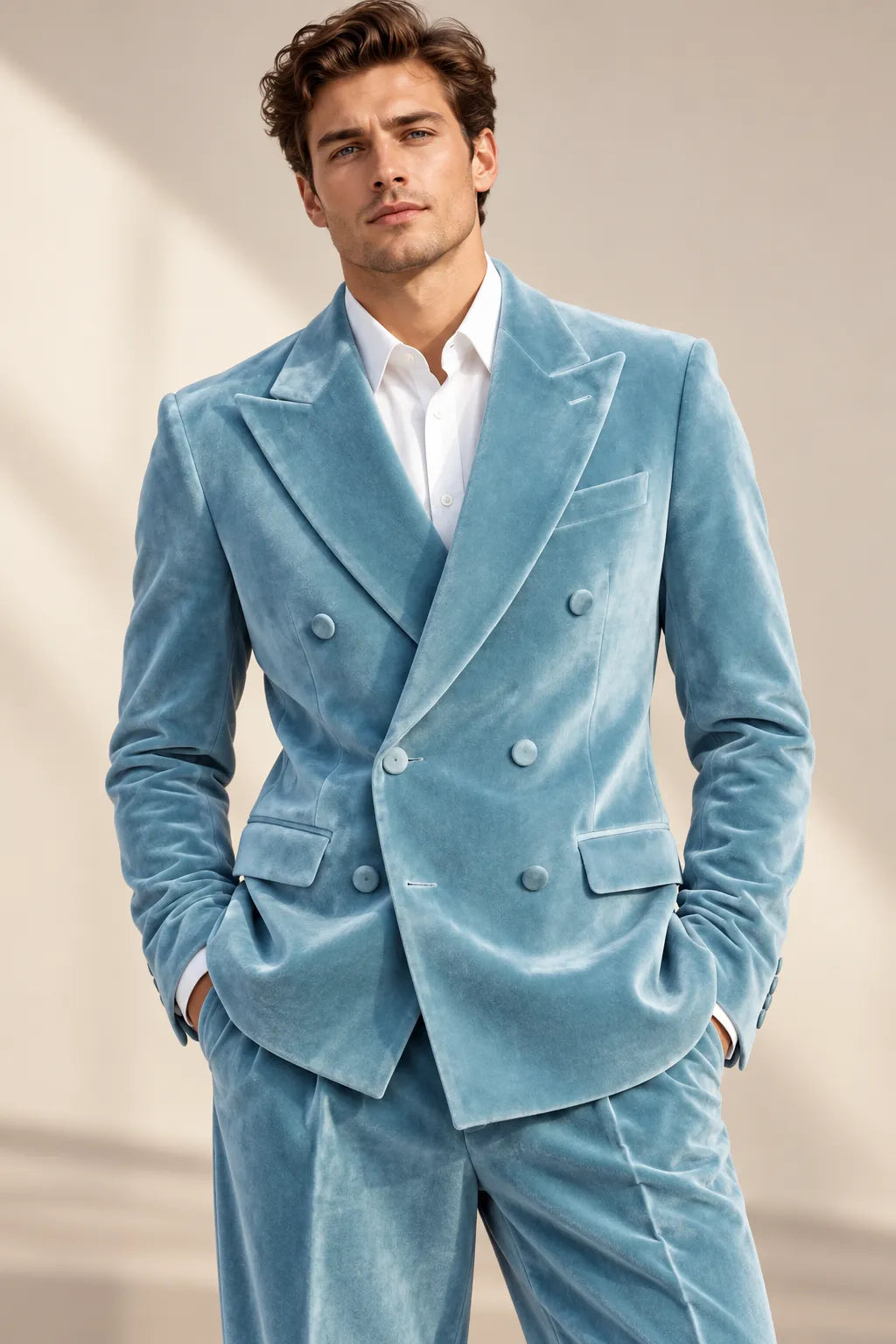 Men's Light Blue Velvet Double Breasted 2 Piece Suit