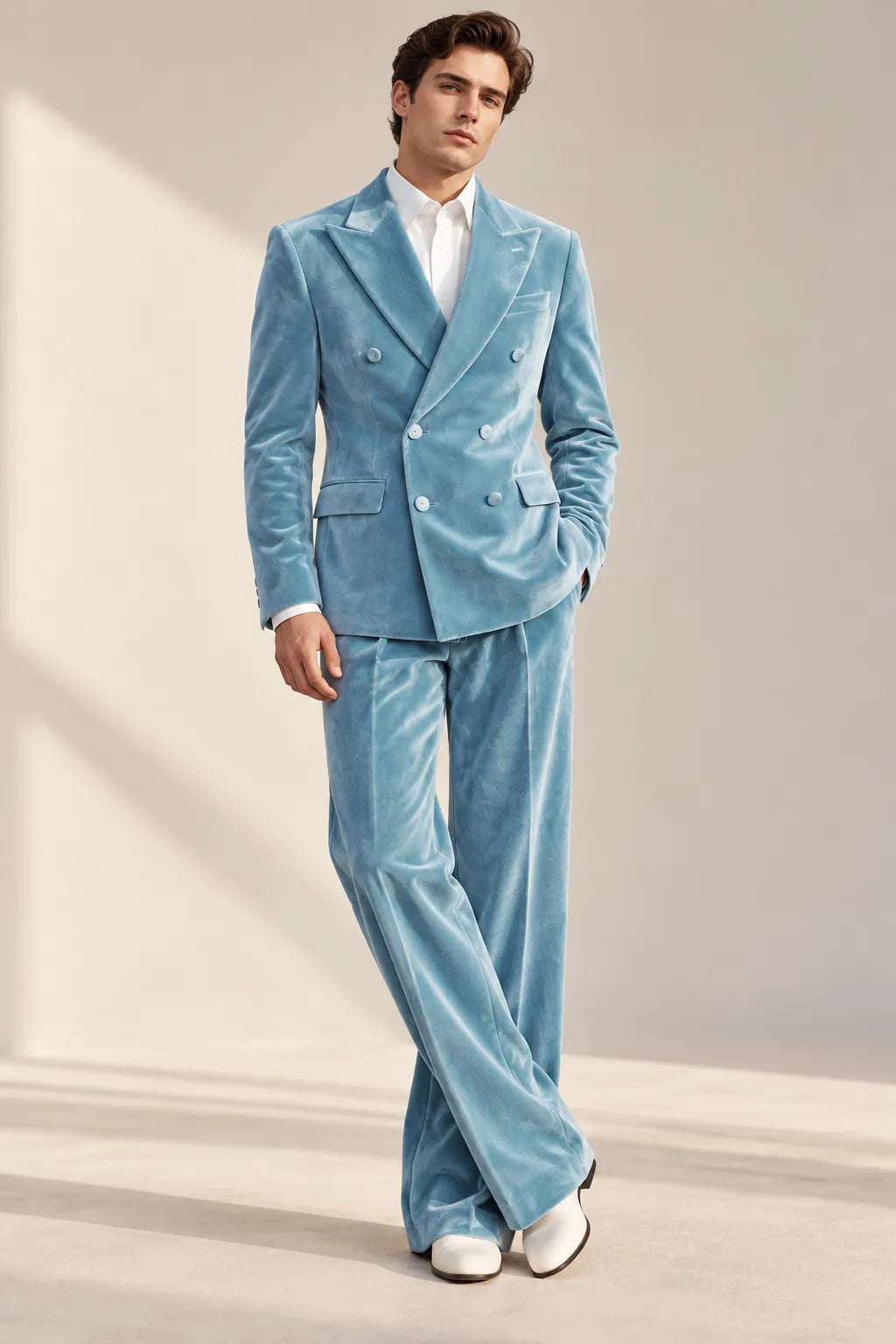 Men's Light Blue Velvet Double Breasted 2 Piece Suit