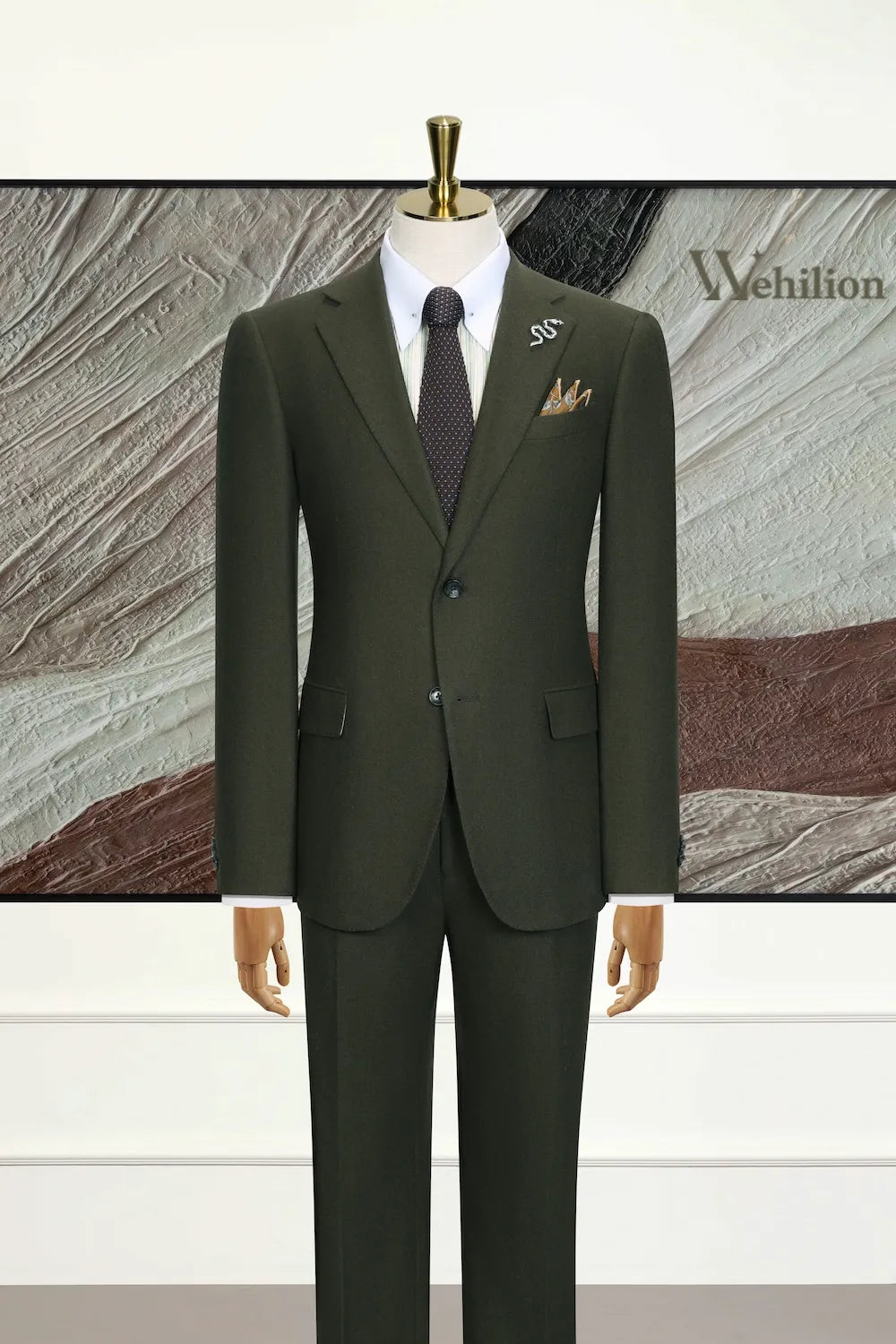 Men's Green Elegant Wool Herringbone 3 Piece Suit