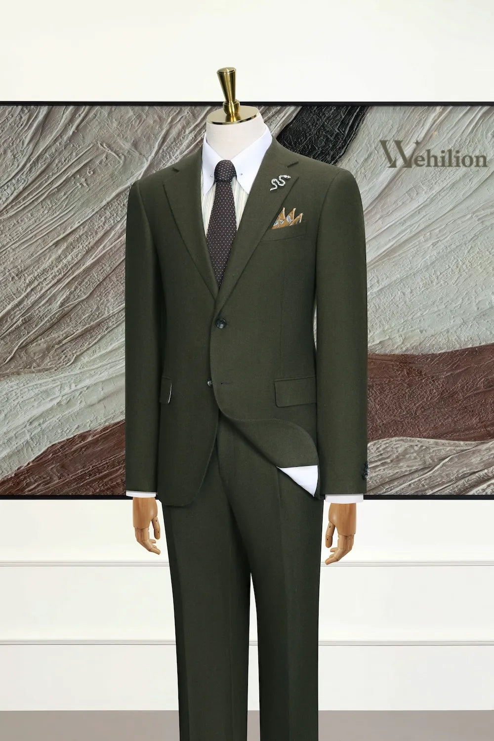 Men's Green Elegant Wool Herringbone 3 Piece Suit