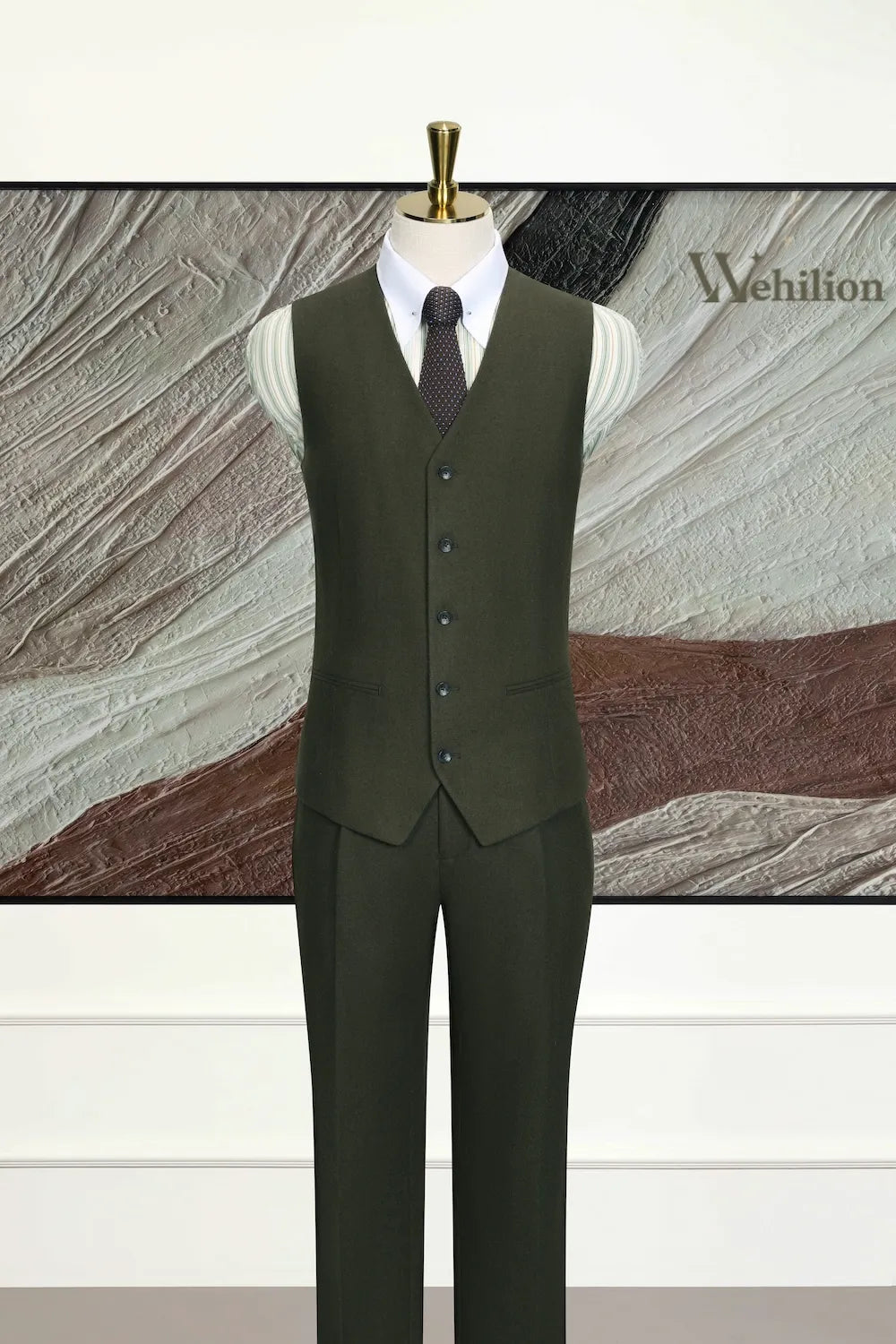 Men's Green Elegant Wool Herringbone 3 Piece Suit