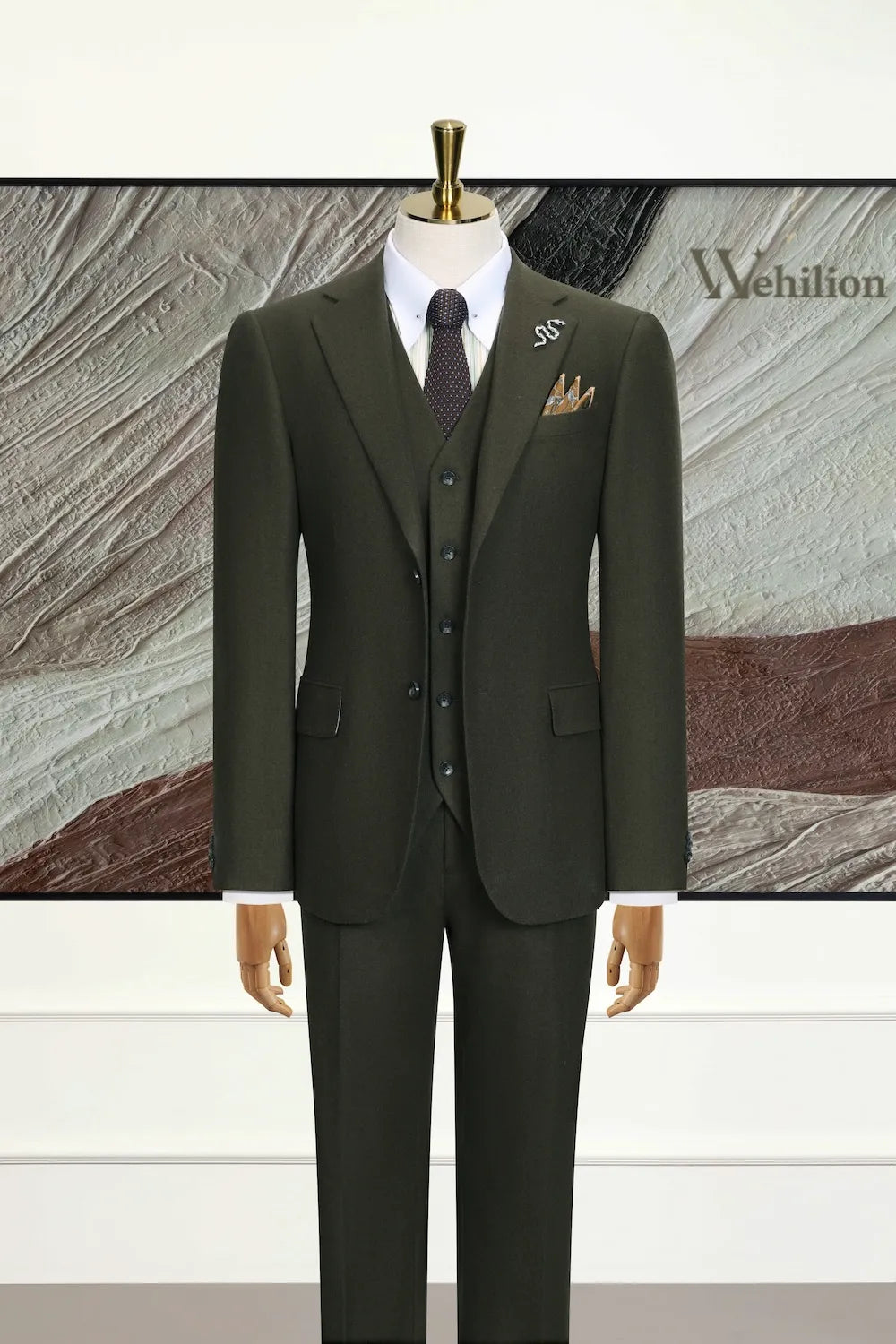 Men's Green Elegant Wool Herringbone 3 Piece Suit