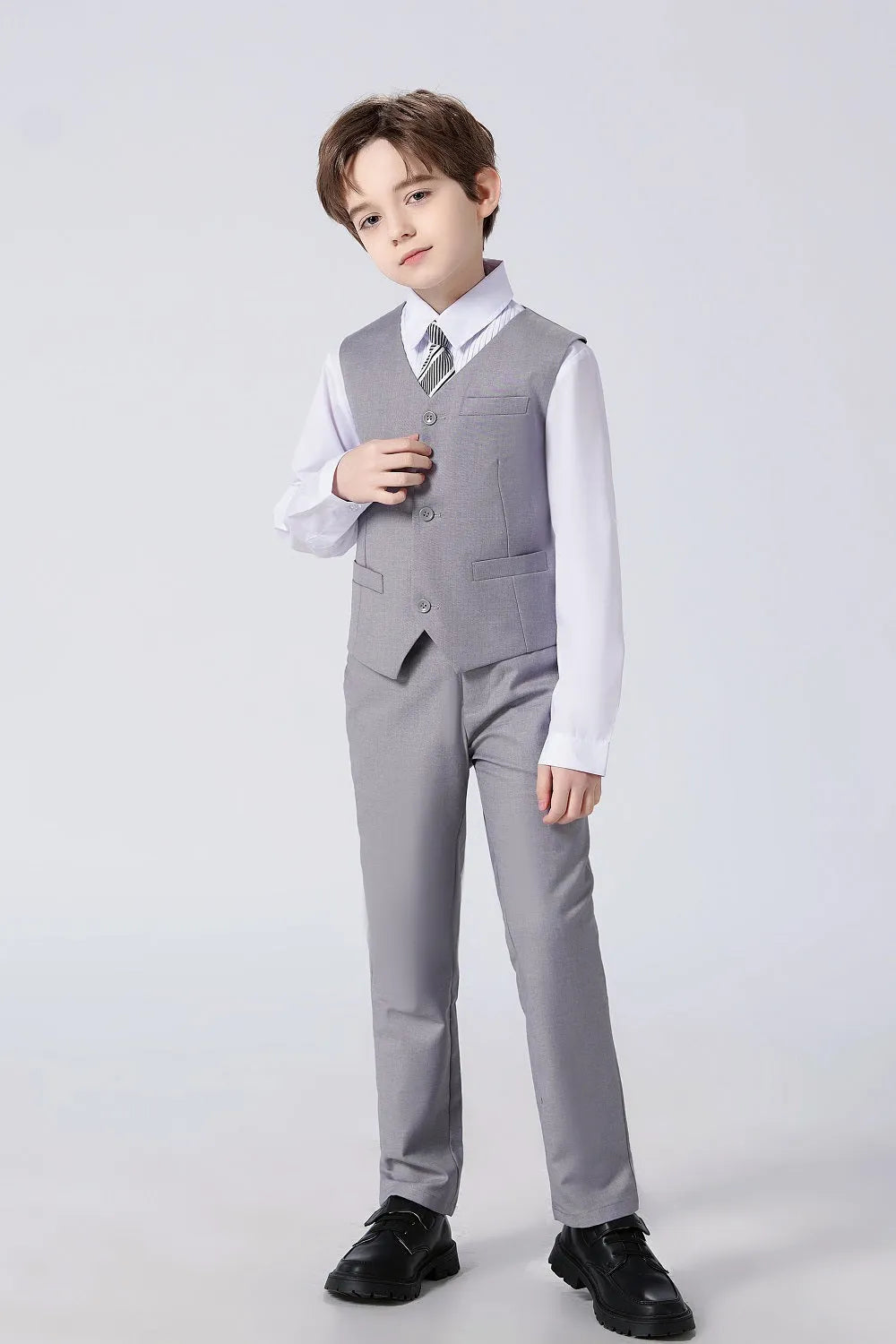 Boys formal vest outfit in light grey with striped tie and white shirt smart look for events