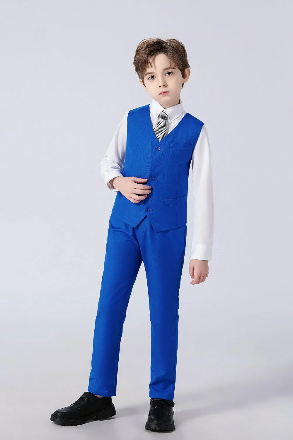 Boys royal blue suit with striped tie and vest – 5-piece formal outfit for special occasions and ceremonies