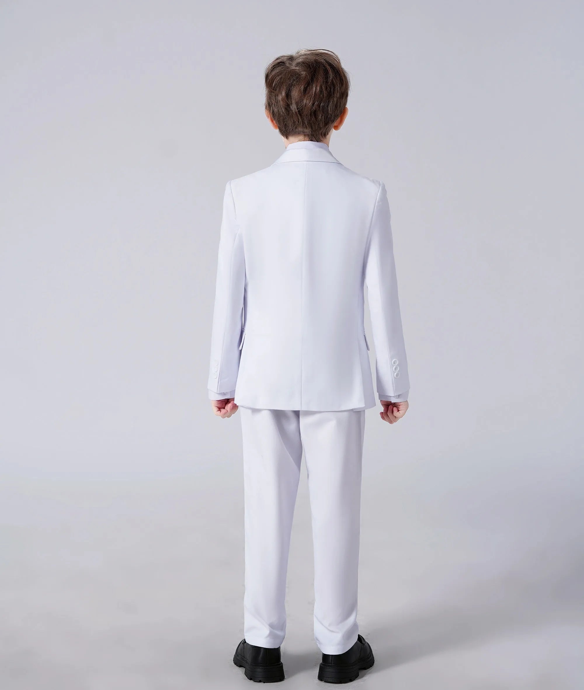 Back view of white boys’ formal 5 piece suit – ideal outfit for weddings or formal ceremonies