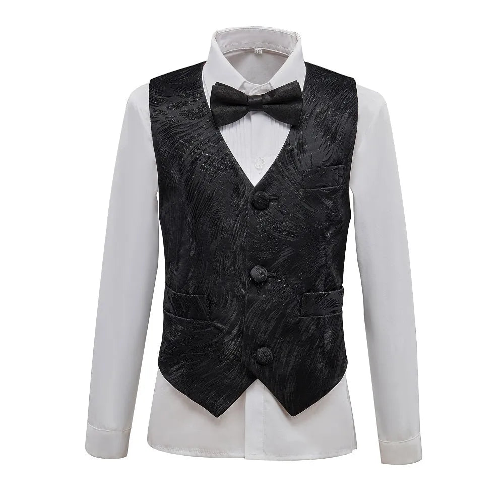 Boys vest with glossy black pattern and matching bow tie – stylish layered suit piece