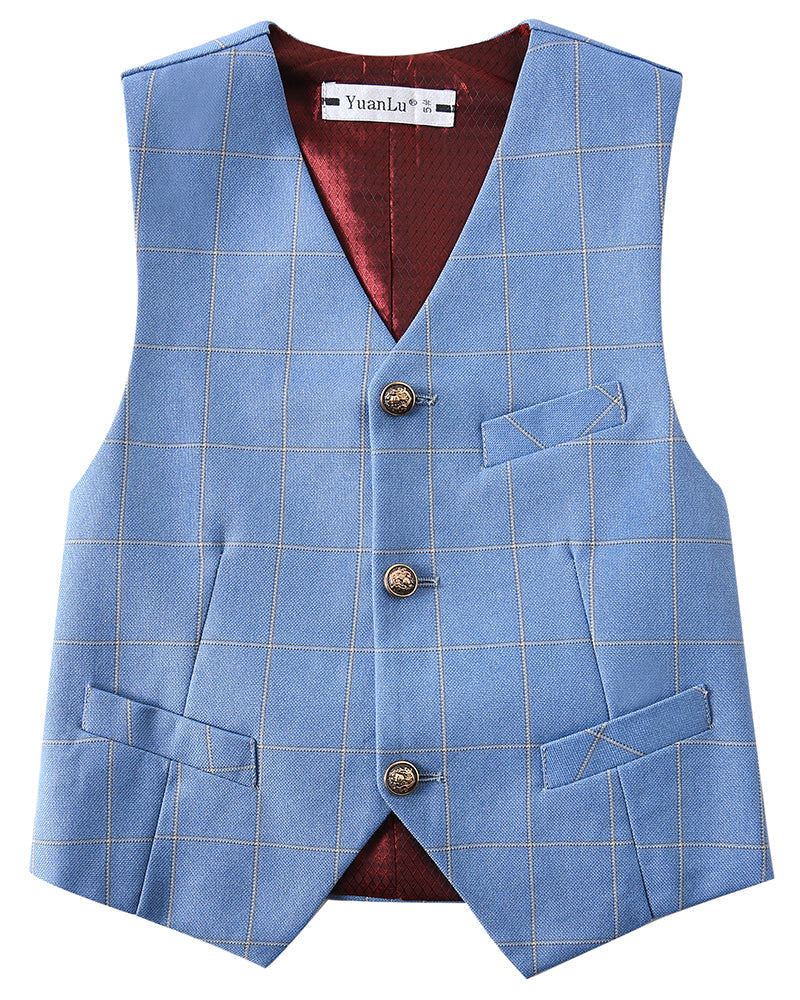 Plaid blue kids boys' formal vest: Front view with red lining & gold buttons