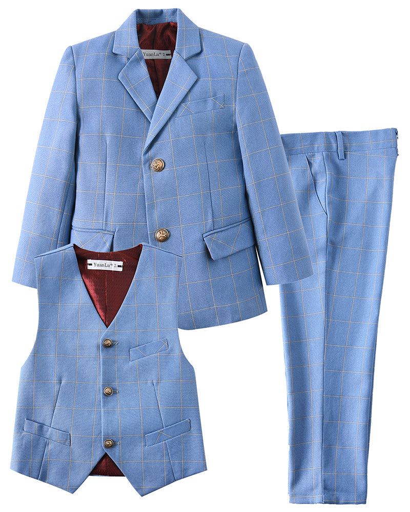 Plaid blue kids boys' 3-piece formal suit set: Blazer, vest & pants with red lining