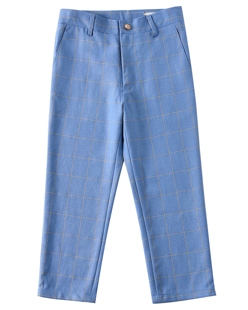 Plaid blue kids boys' formal suit pants: Checked with gold button & slim fit design