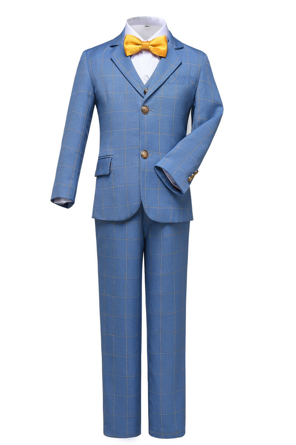 Plaid blue kids boys' 3-piece formal suit: Blazer, vest & pants with yellow bow tie