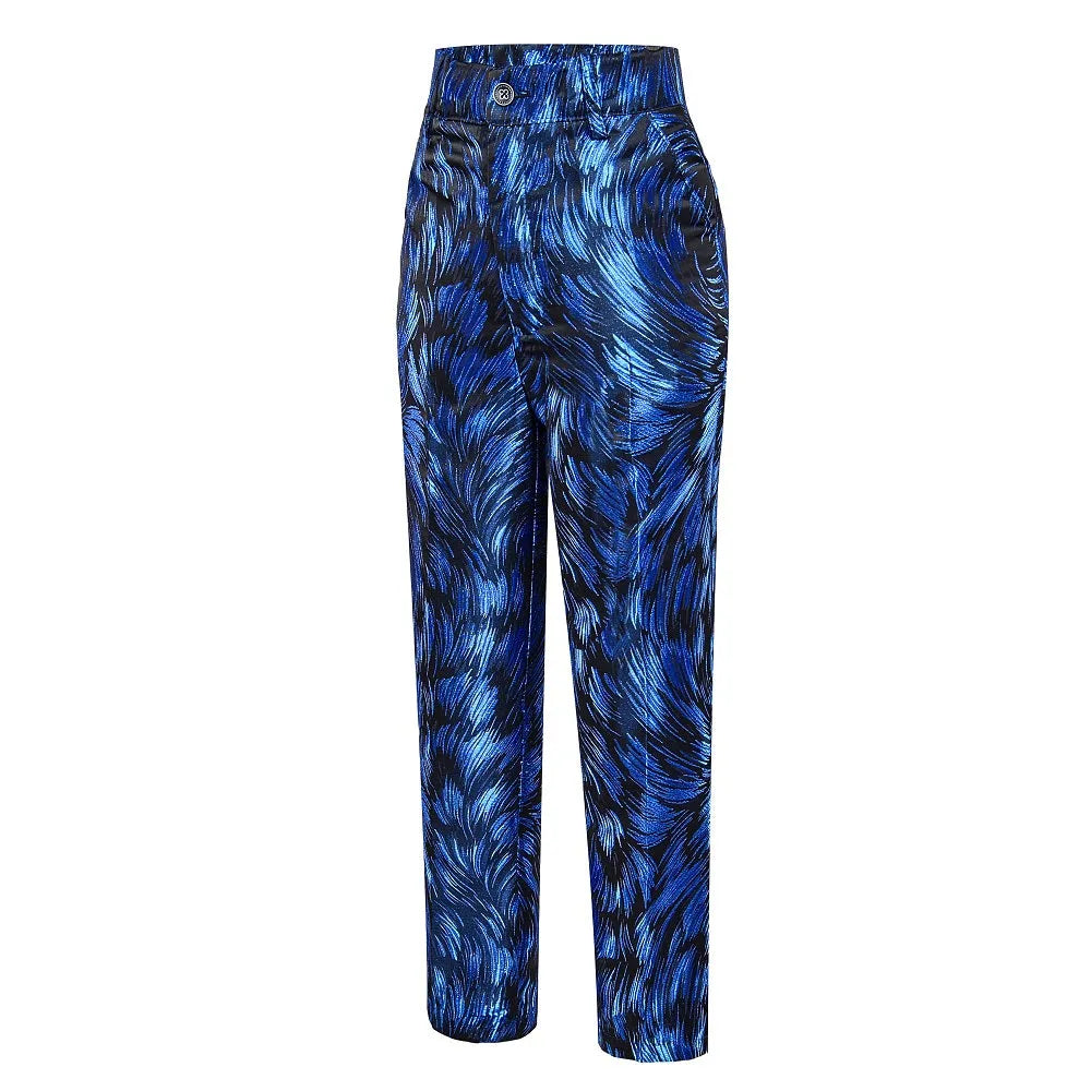 Blue boys' patterned pants: Feather swirl print, stylish formal trousers for party events with tailored fit