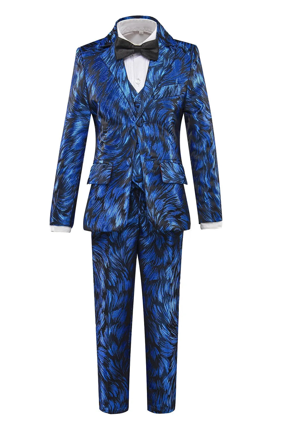 Vibrant blue swirl-print boys' 5-piece party suit: stylish blazer, vest, pants with bowtie – fancy designer formal wear for events