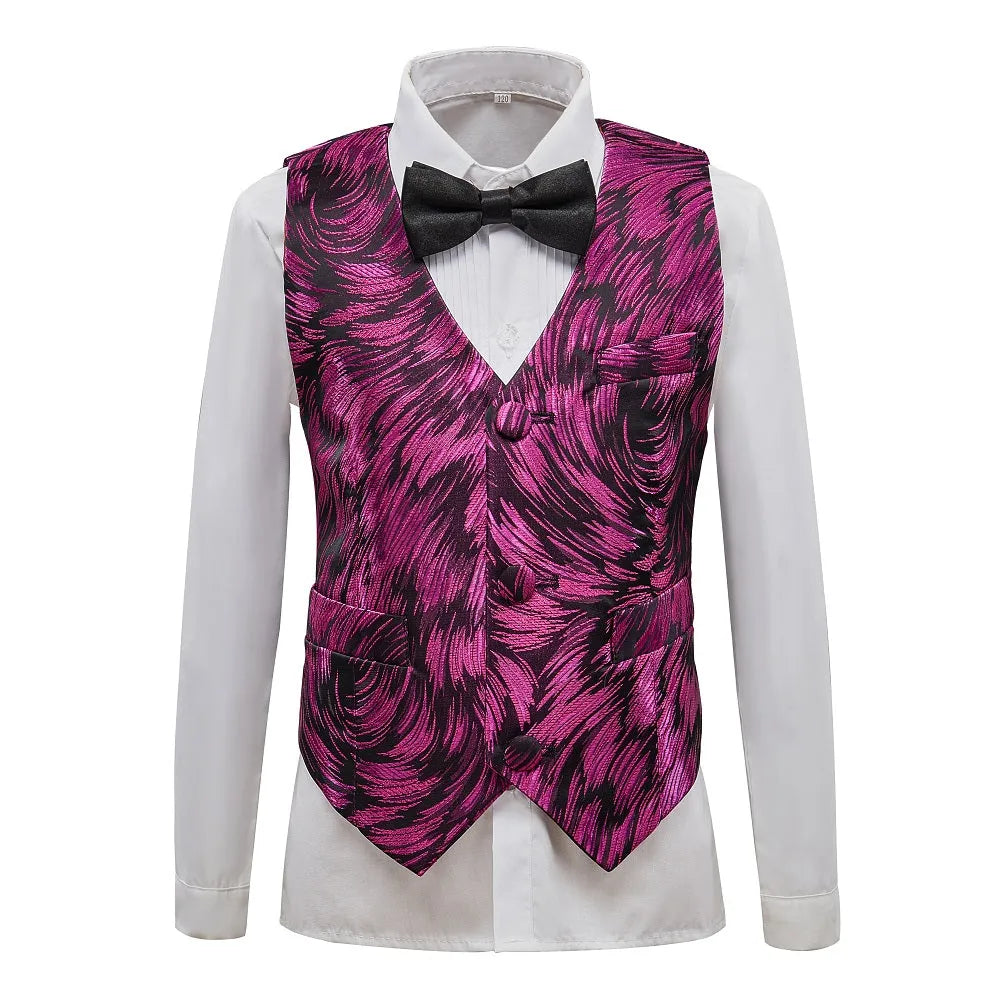 Fuchsia boys' vest: Swirl feather pattern with black bowtie, formal party banquet attire